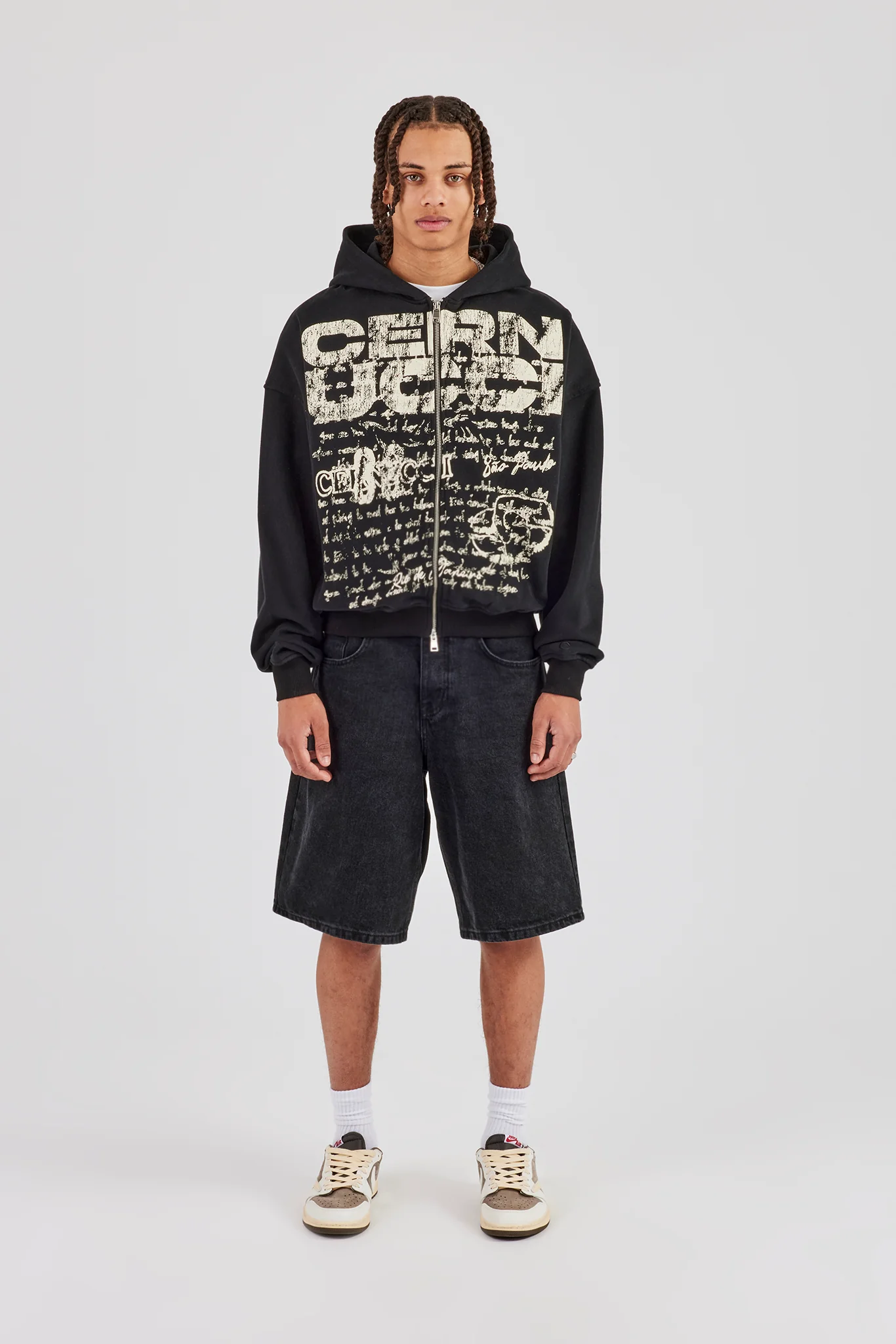 Washed Boxy Zip Through Printed Hoodie - Black - Image 3