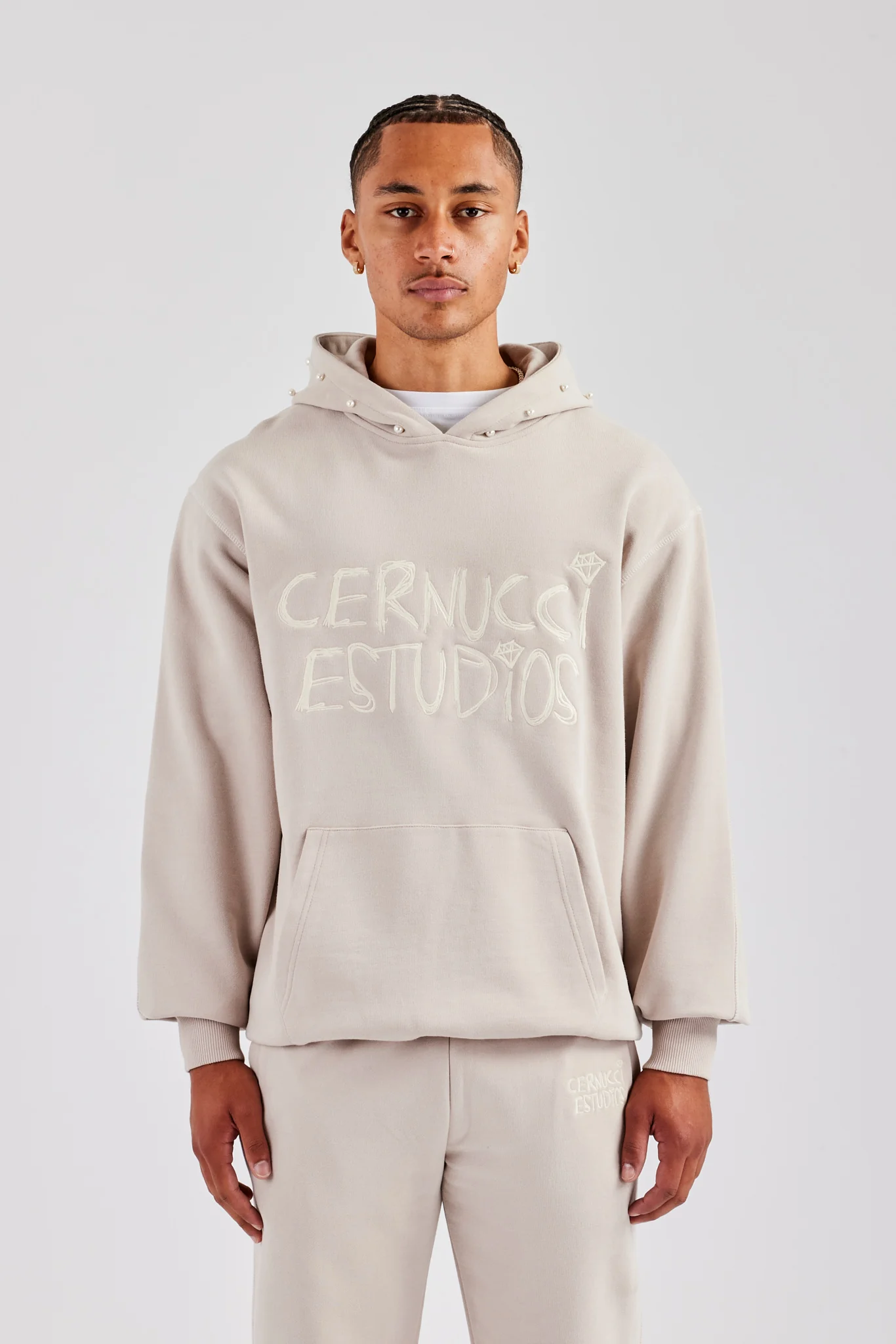 Washed Contrast Stitch Pearl Hoodie - Stone - Image 2