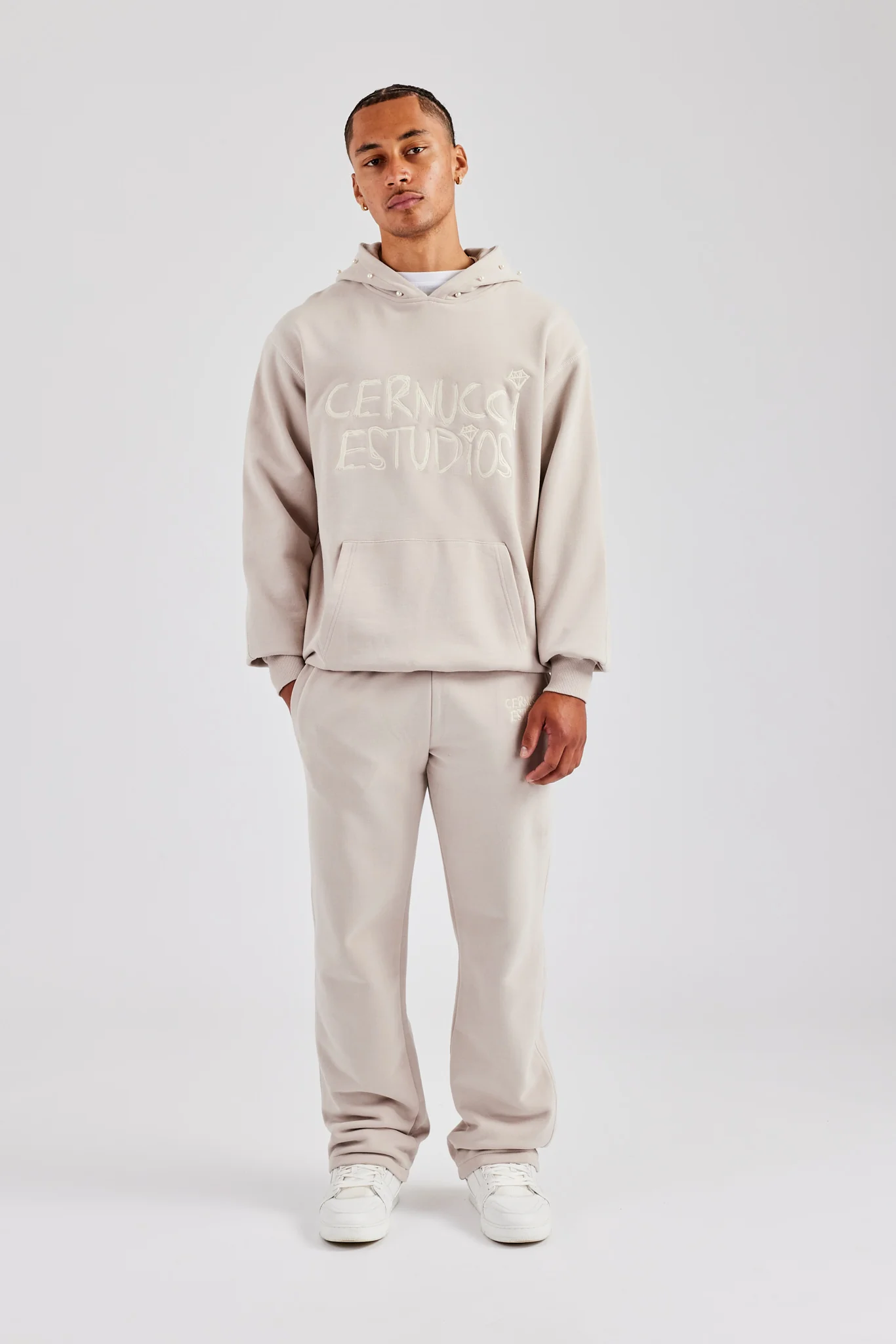 Washed Contrast Stitch Pearl Hoodie - Stone - Image 6