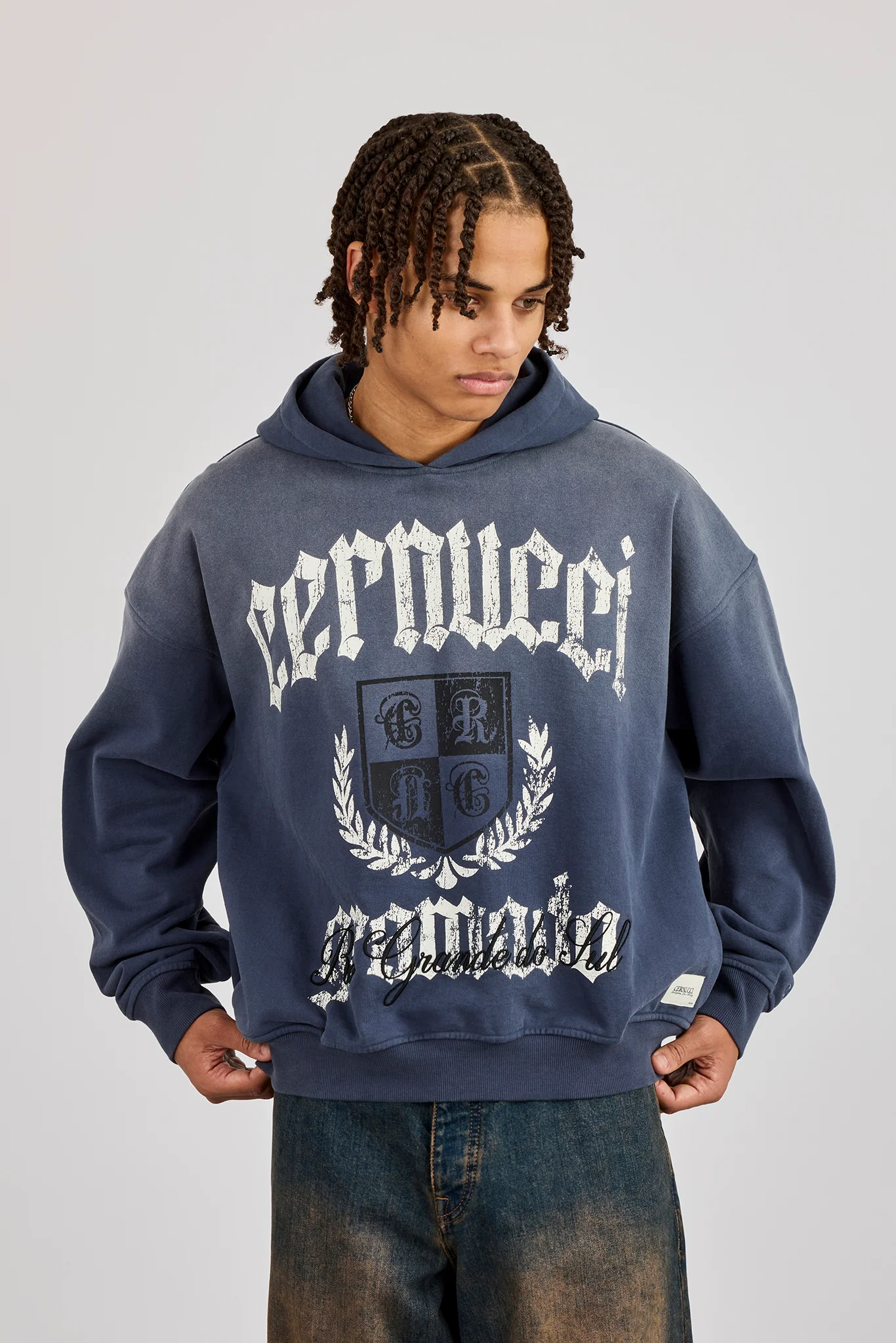 Washed Crest Graphic Hoodie - Navy