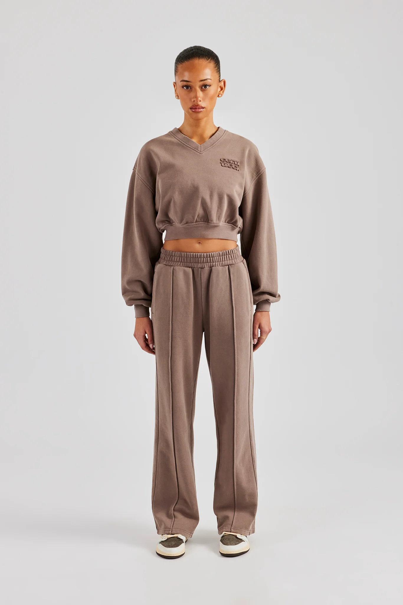 Washed Cropped V Neck Sweat & Wide Leg Jogger - Mauve - Image 2