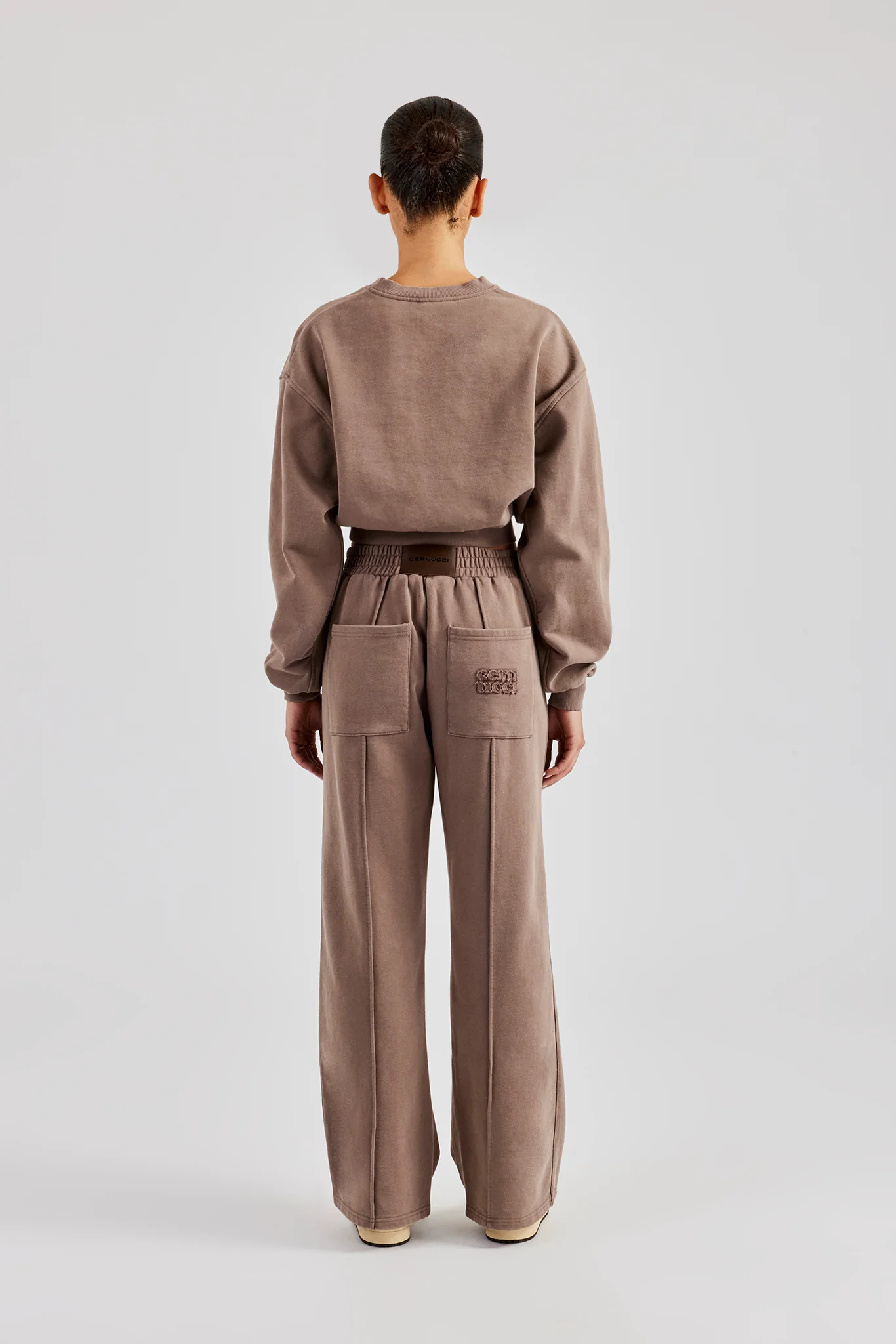 Washed Cropped V Neck Sweat & Wide Leg Jogger - Mauve - Image 3