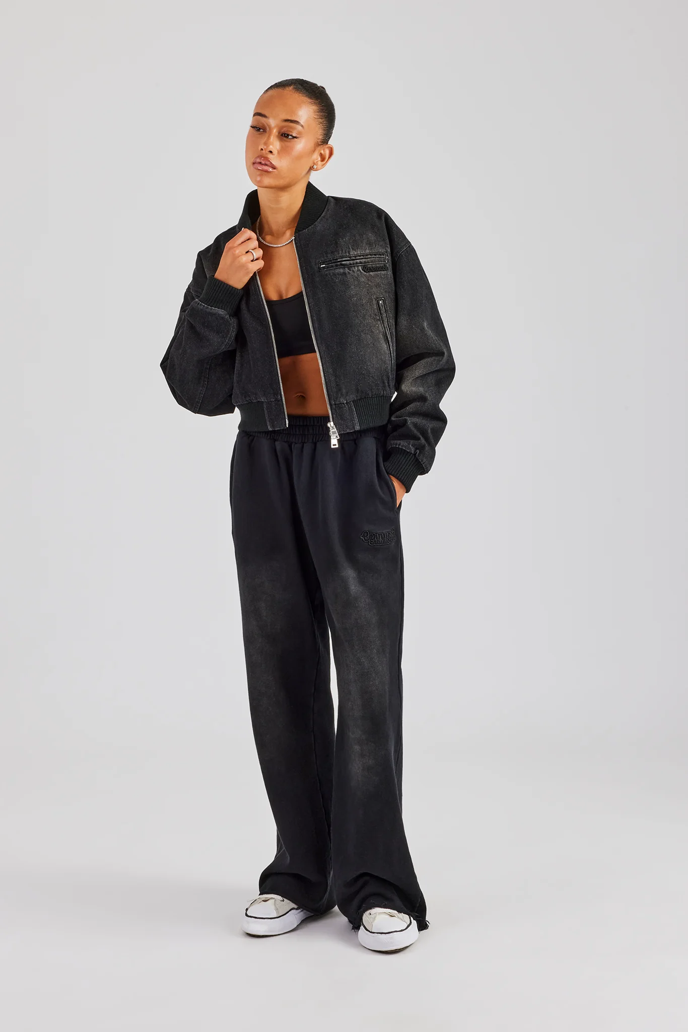 Washed Denim Bomber Jacket - Black - Image 2