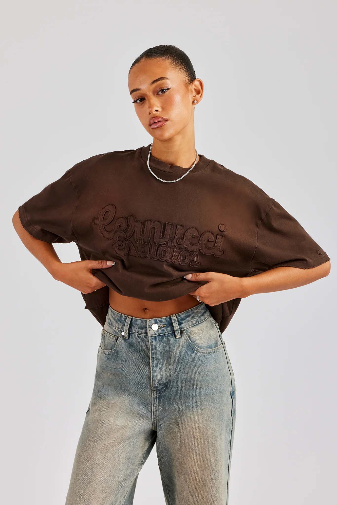 Washed Embroidered Body T-Shirt - Brown