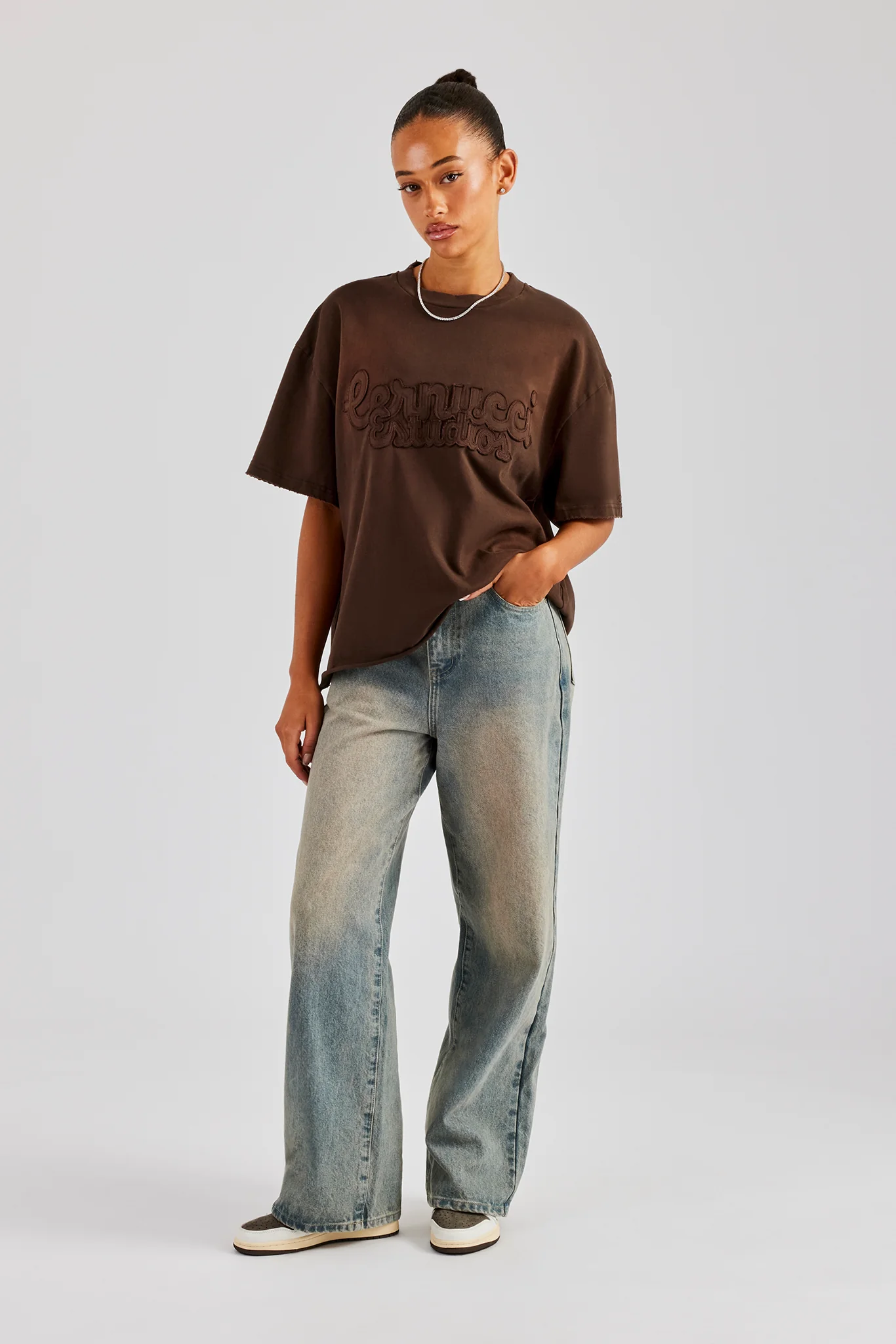 Washed Embroidered Body T-Shirt - Brown - Image 3