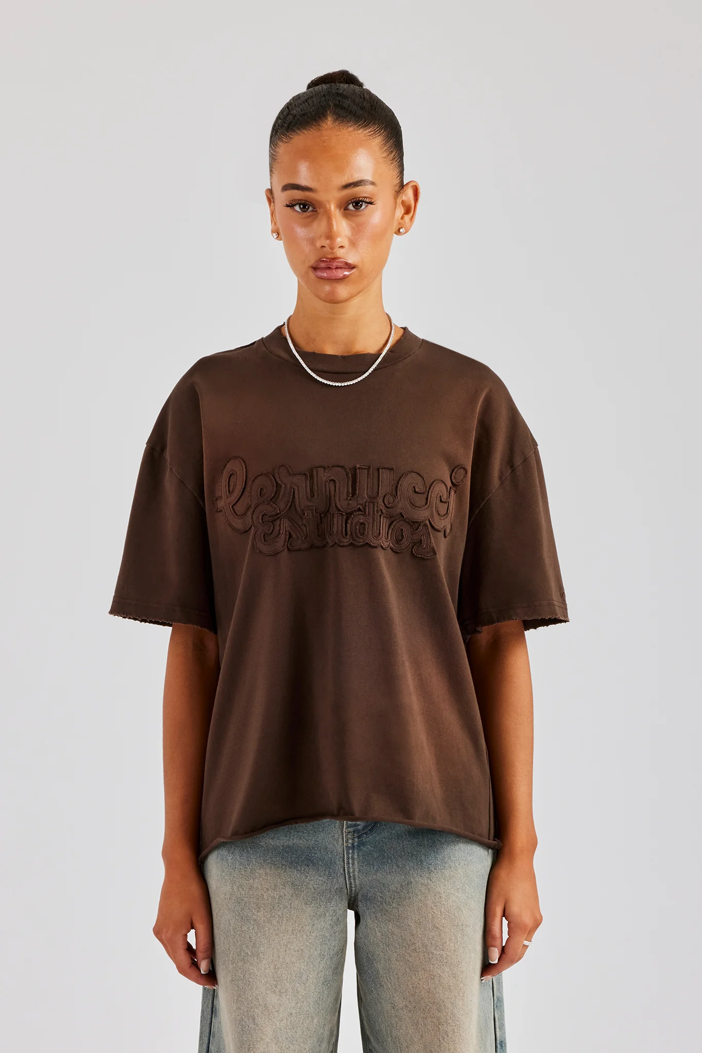 Washed Embroidered Body T-Shirt - Brown - Image 4