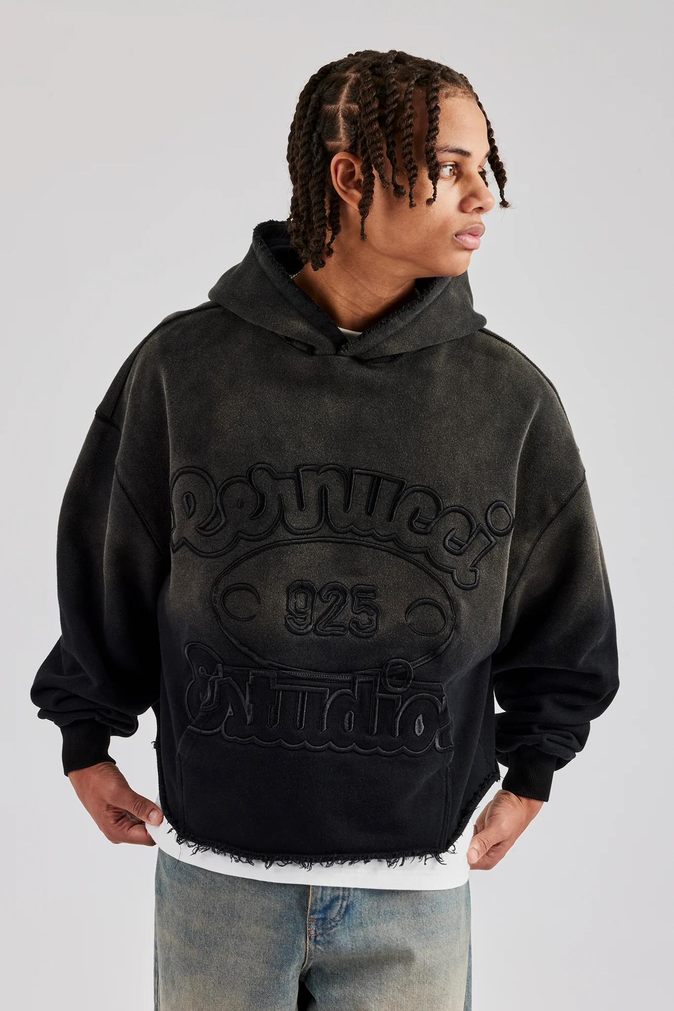 Washed Embroidered Boxy Hoodie - Black