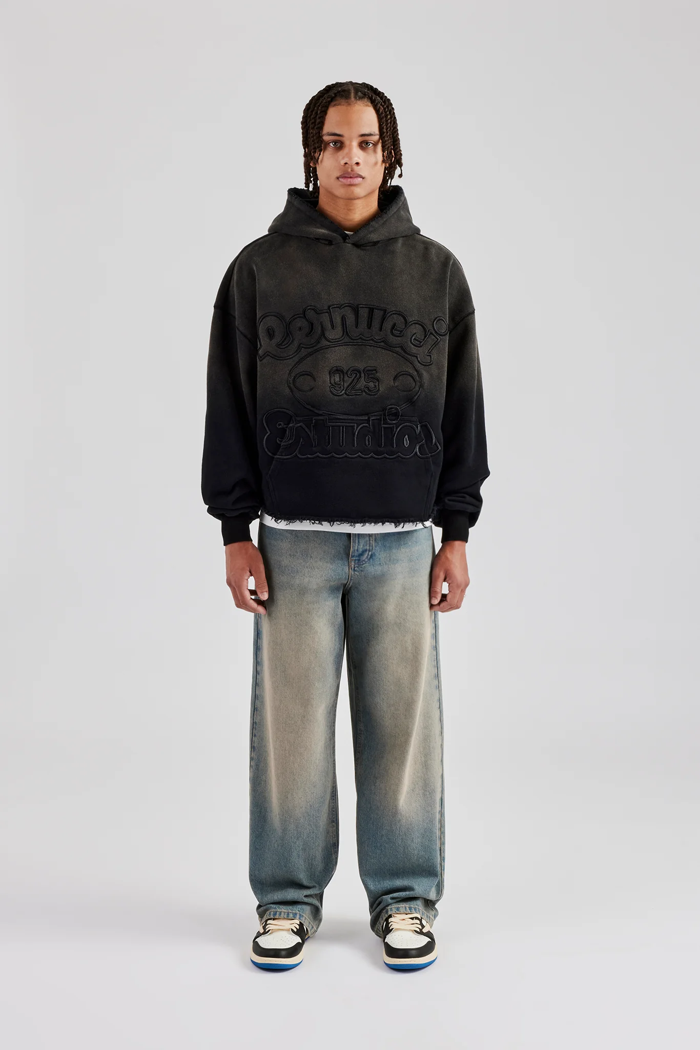 Washed Embroidered Boxy Hoodie - Black - Image 3