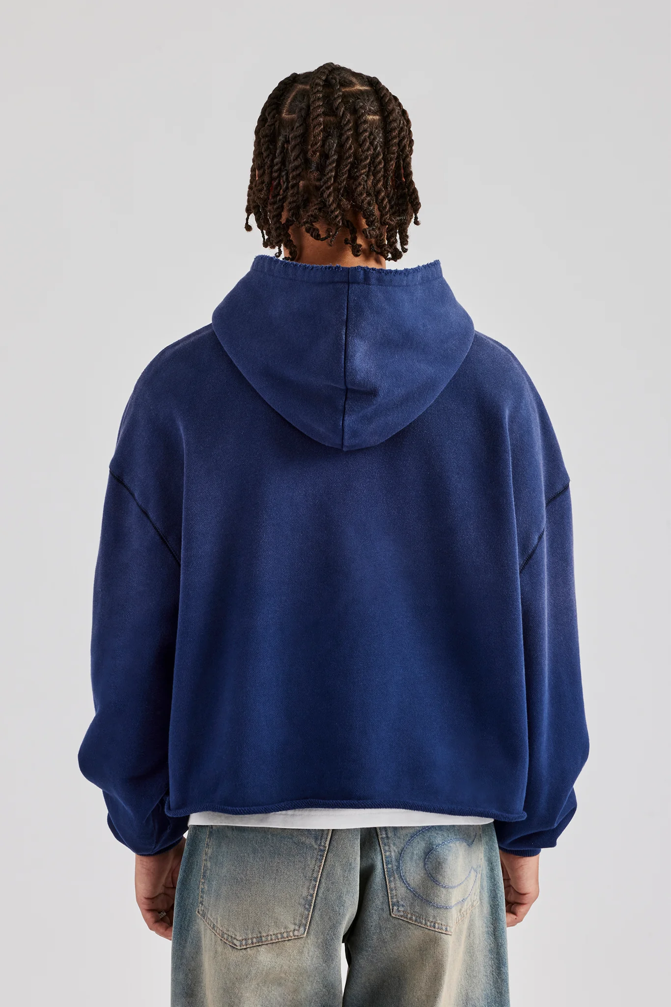 Washed Embroidered Boxy Hoodie - Navy Blue - Image 2