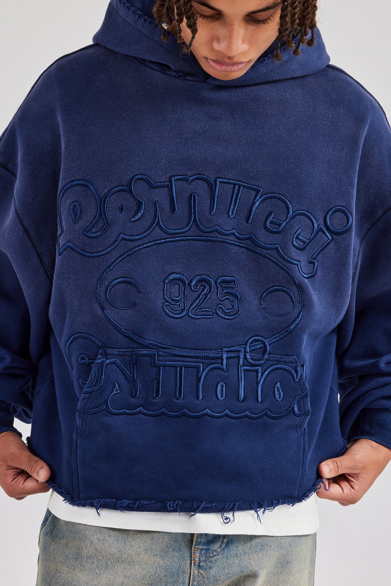 Washed Embroidered Boxy Hoodie - Navy Blue - Image 3