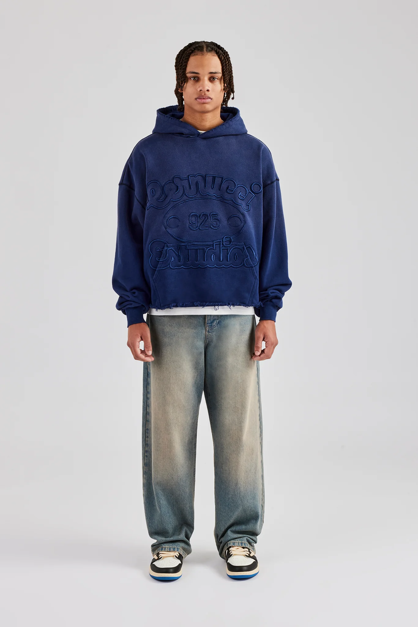 Washed Embroidered Boxy Hoodie - Navy Blue - Image 4
