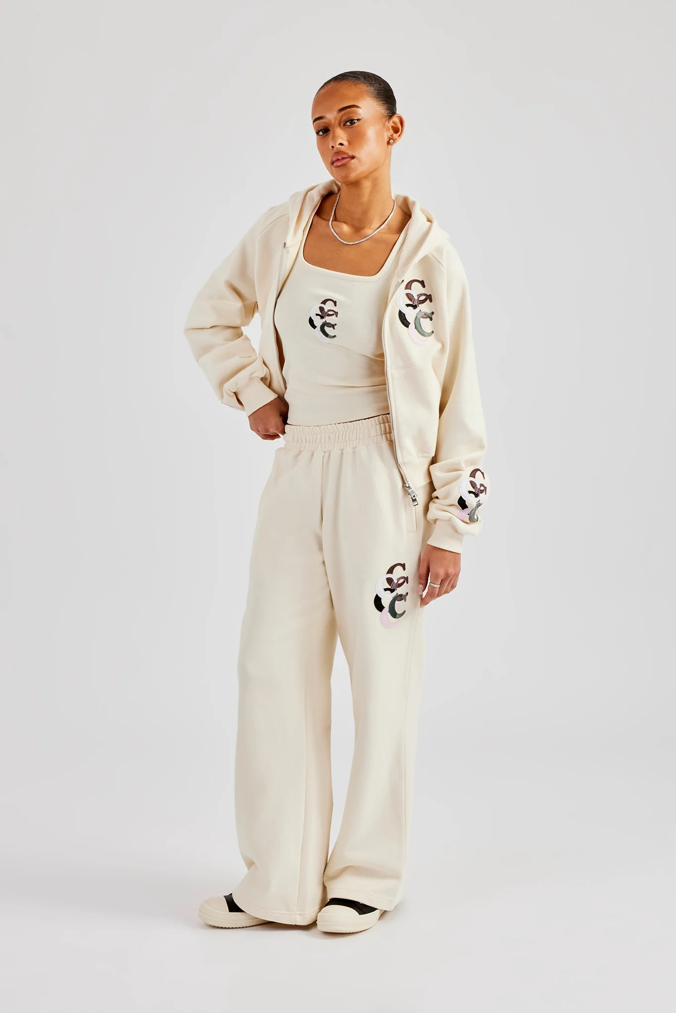 Washed Layered Applique Wide Leg Jogger - Off White - Image 4