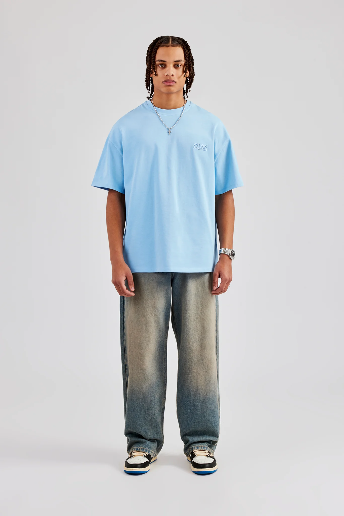 Oversized Washed Embroidered T-Shirt - Light Blue - Image 2