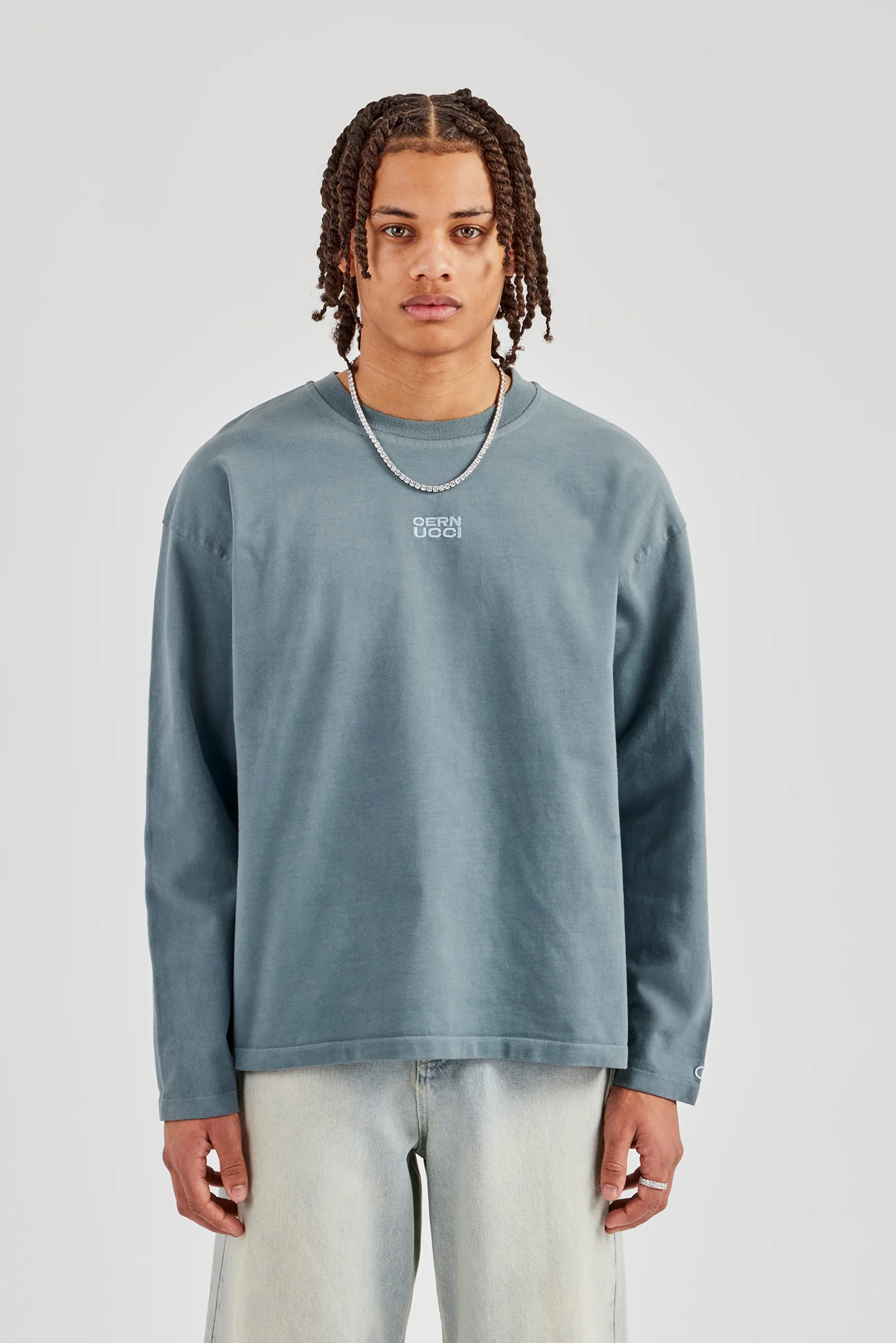 Washed Long Sleeve Embroidered T-Shirt - Blue