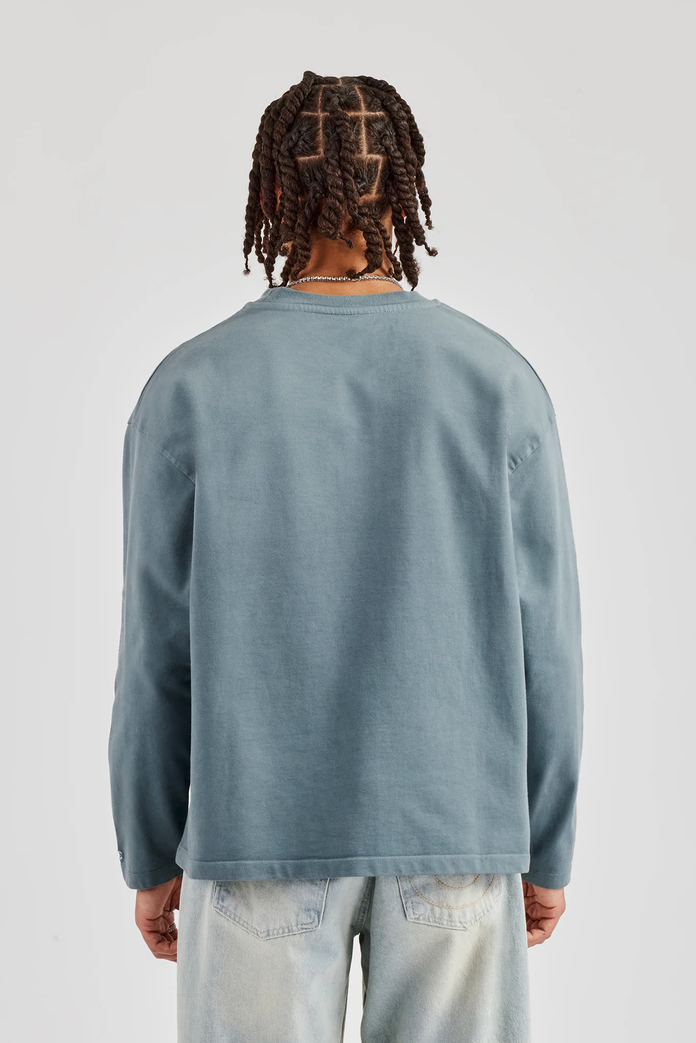 Washed Long Sleeve Embroidered T-Shirt - Blue - Image 3