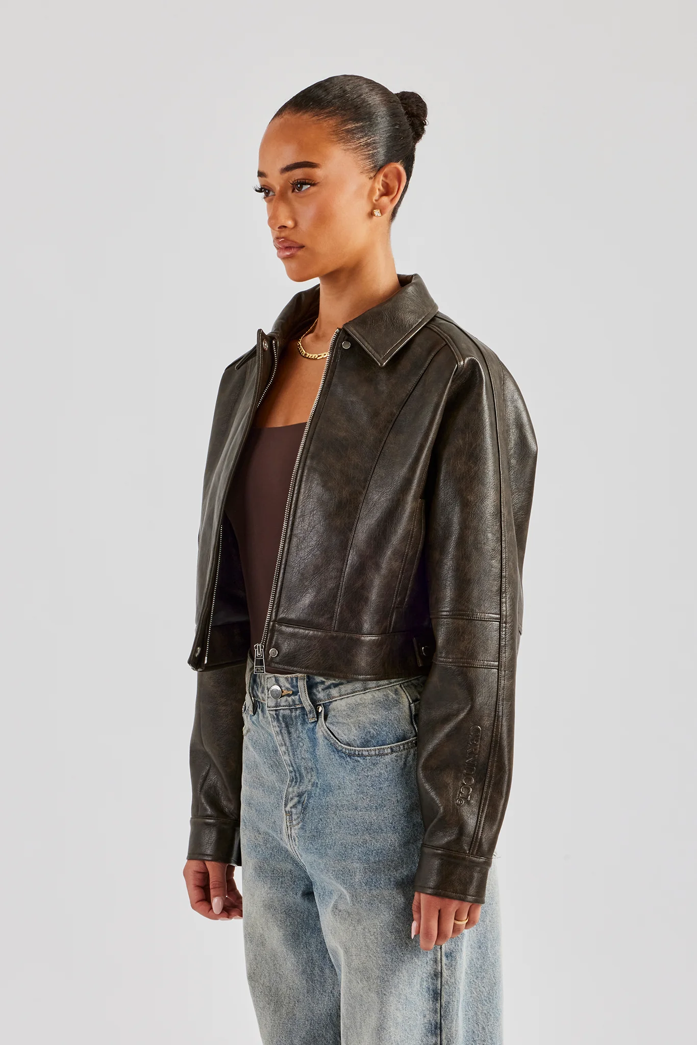 Washed Oversized PU Jacket - Brown - Image 3