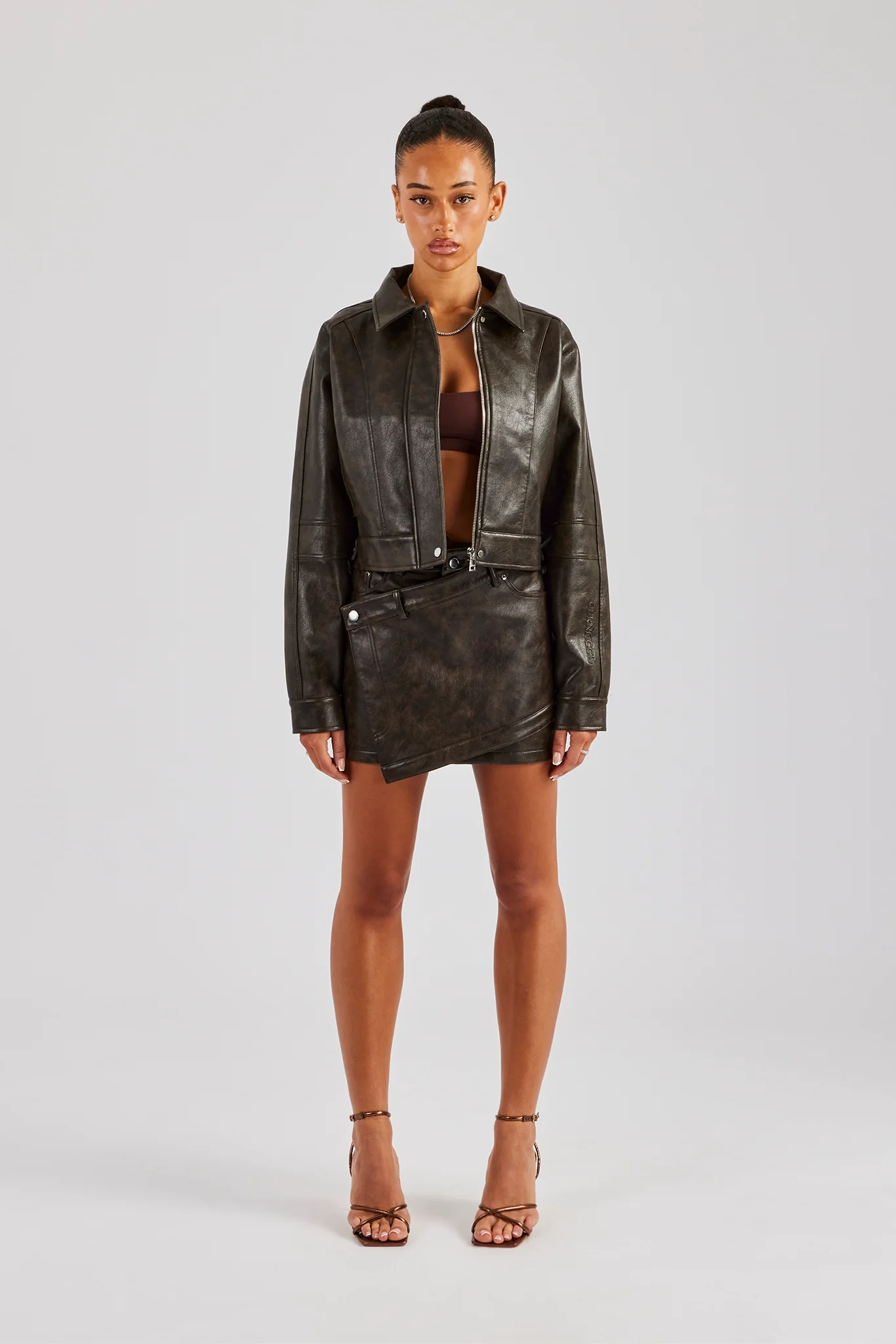 Washed Oversized PU Jacket & Mini Skirt - Brown - Image 3