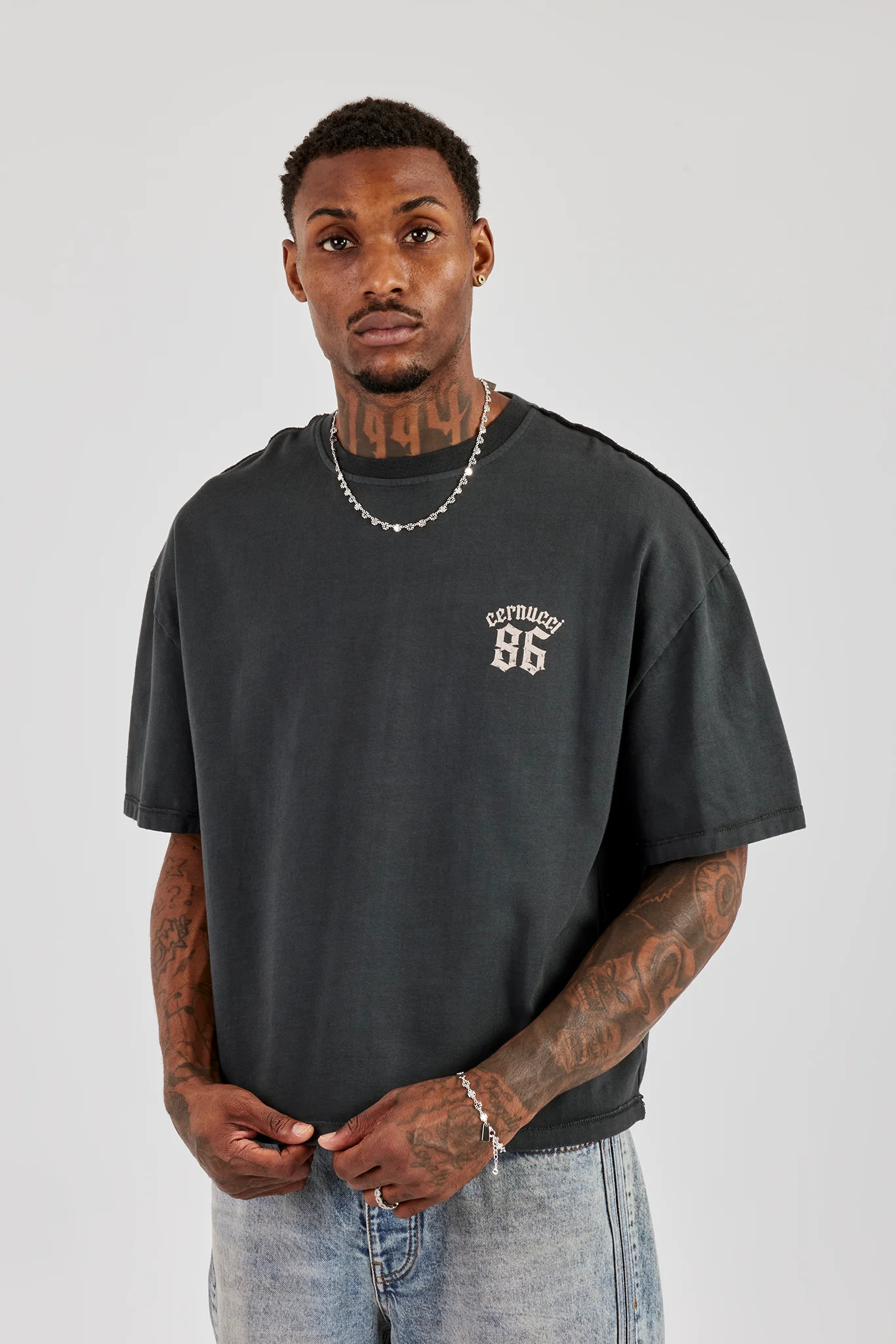 Washed Printed Boxy T-Shirt - Charcoal - Image 2