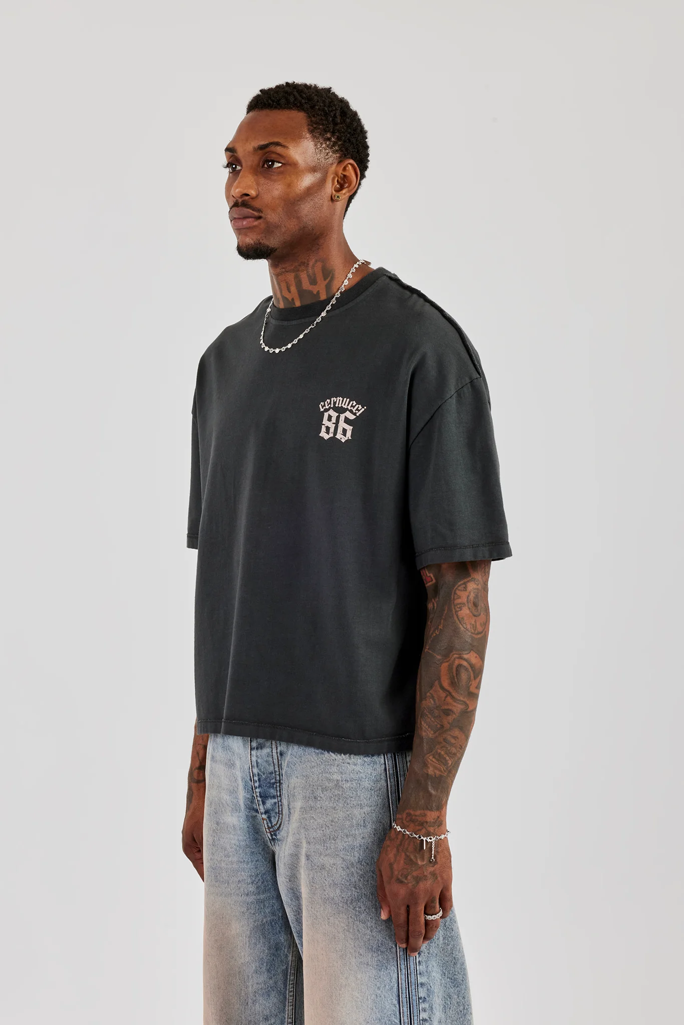 Washed Printed Boxy T-Shirt - Charcoal - Image 3