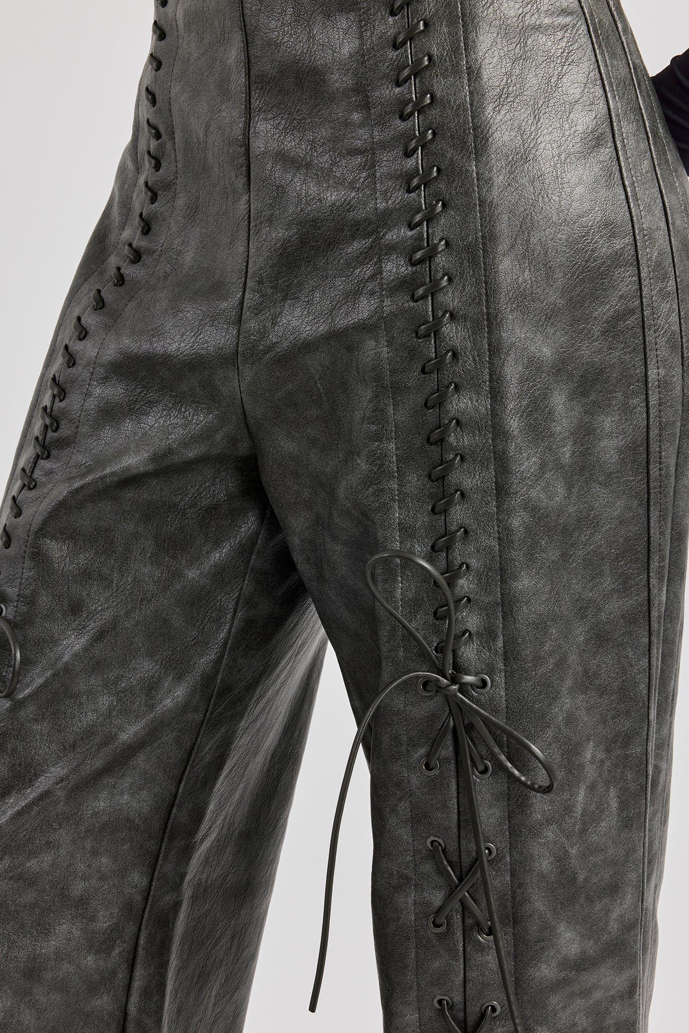 Washed PU Lace Up Detail Trouser - Charcoal - Image 3