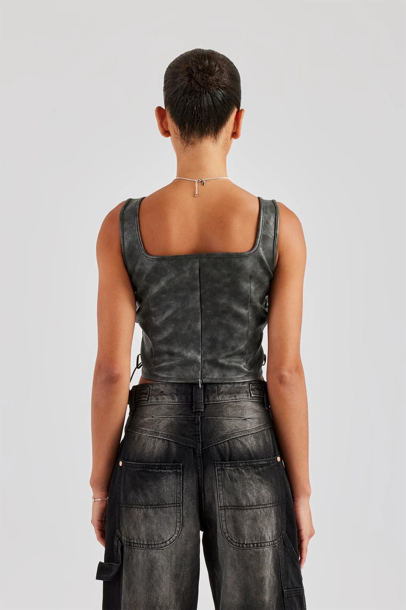 Washed PU Square Neck Top - Charcoal - Image 4