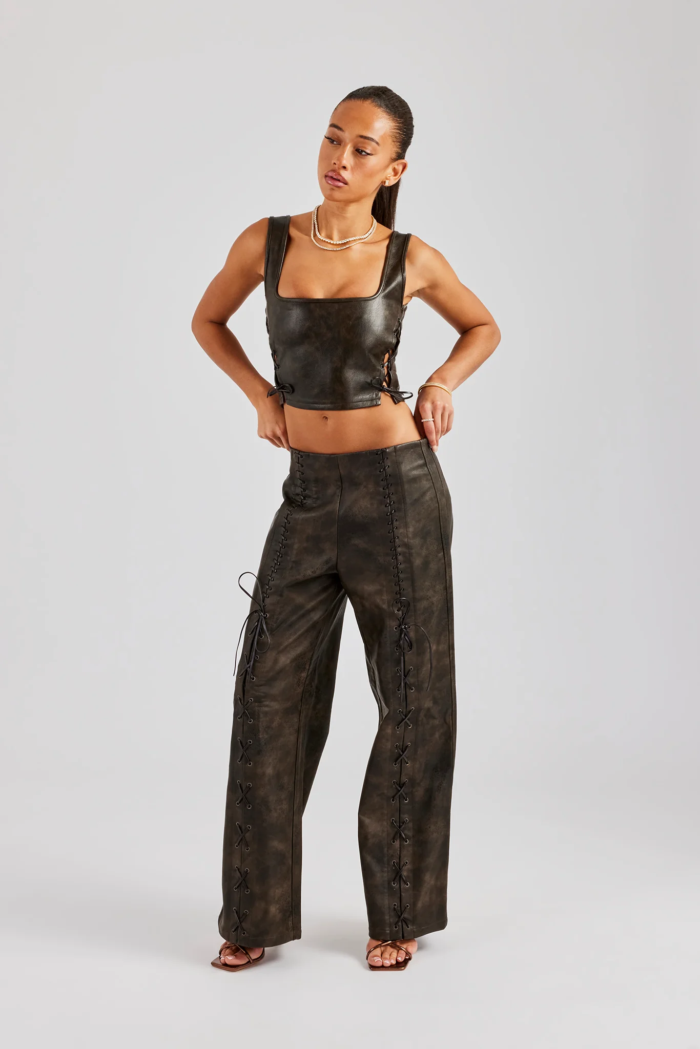 Washed PU Square Neck Top & Lace Up Trouser - Brown - Image 4