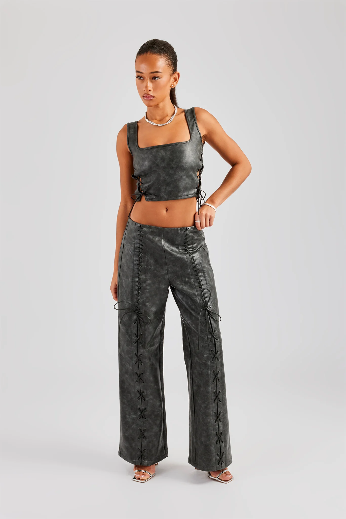 Washed PU Square Neck Top & Lace Up Trouser - Charcoal - Image 5
