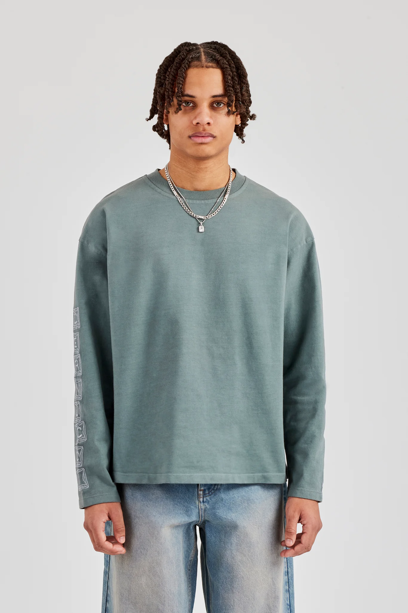 Washed Raw Hem Long Sleeve T-Shirt - Grey