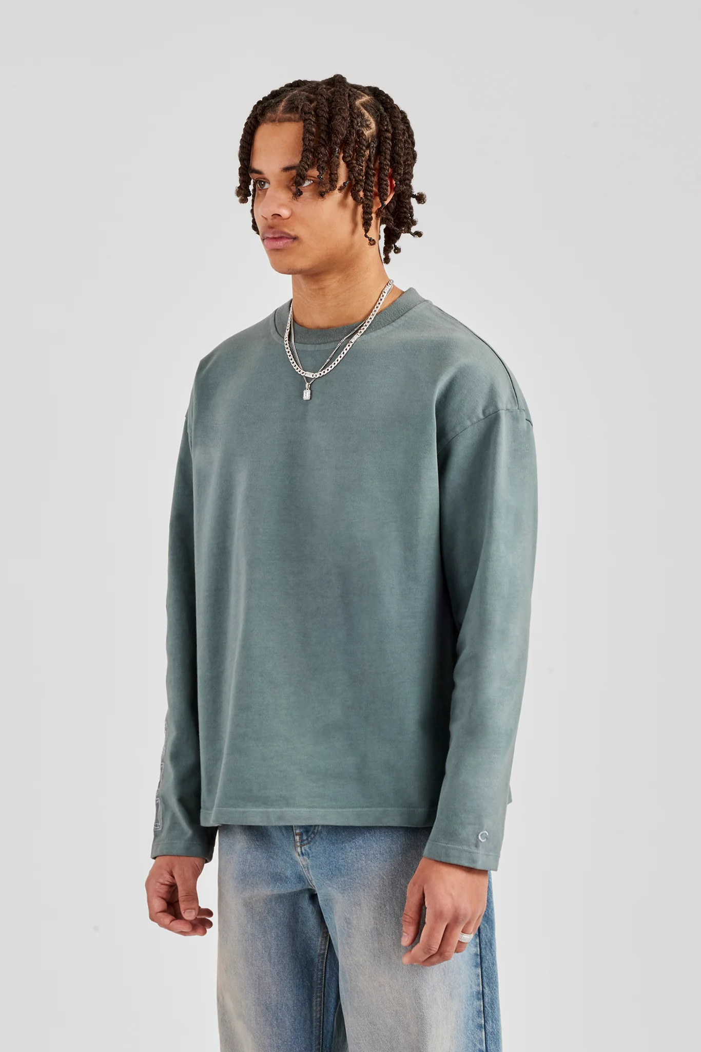 Washed Raw Hem Long Sleeve T-Shirt - Grey - Image 2