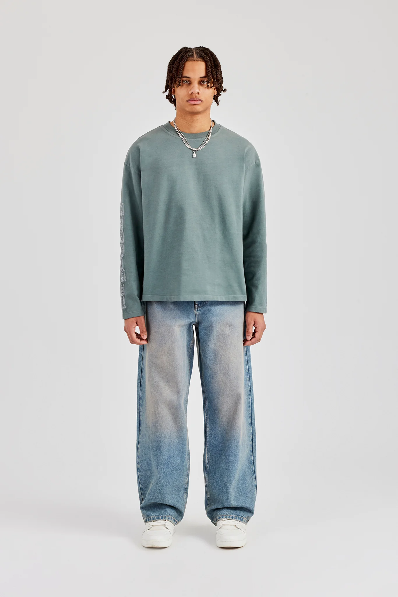 Washed Raw Hem Long Sleeve T-Shirt - Grey - Image 5