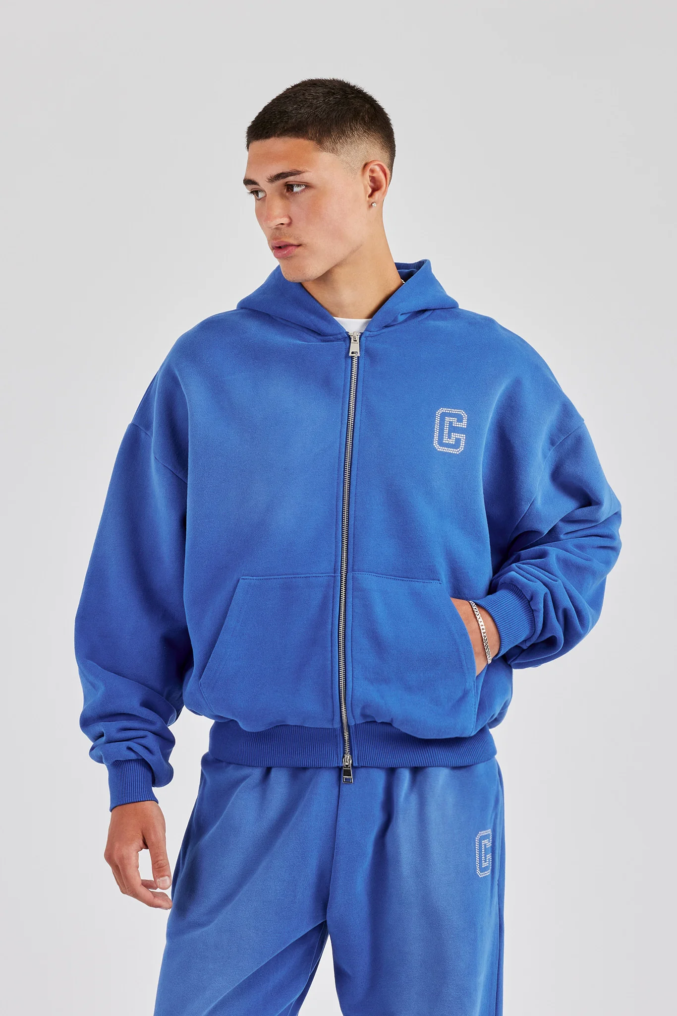 Washed Rhinestone C Zip Through Hoodie - Washed Blue