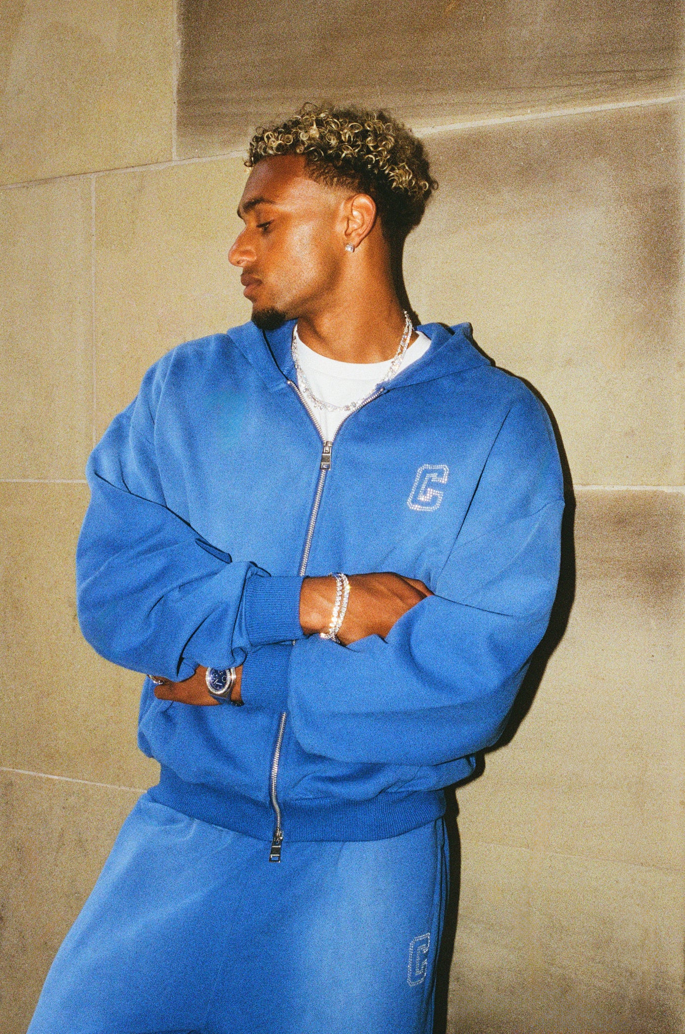 Washed Rhinestone C Zip Through Hoodie - Washed Blue - Image 2