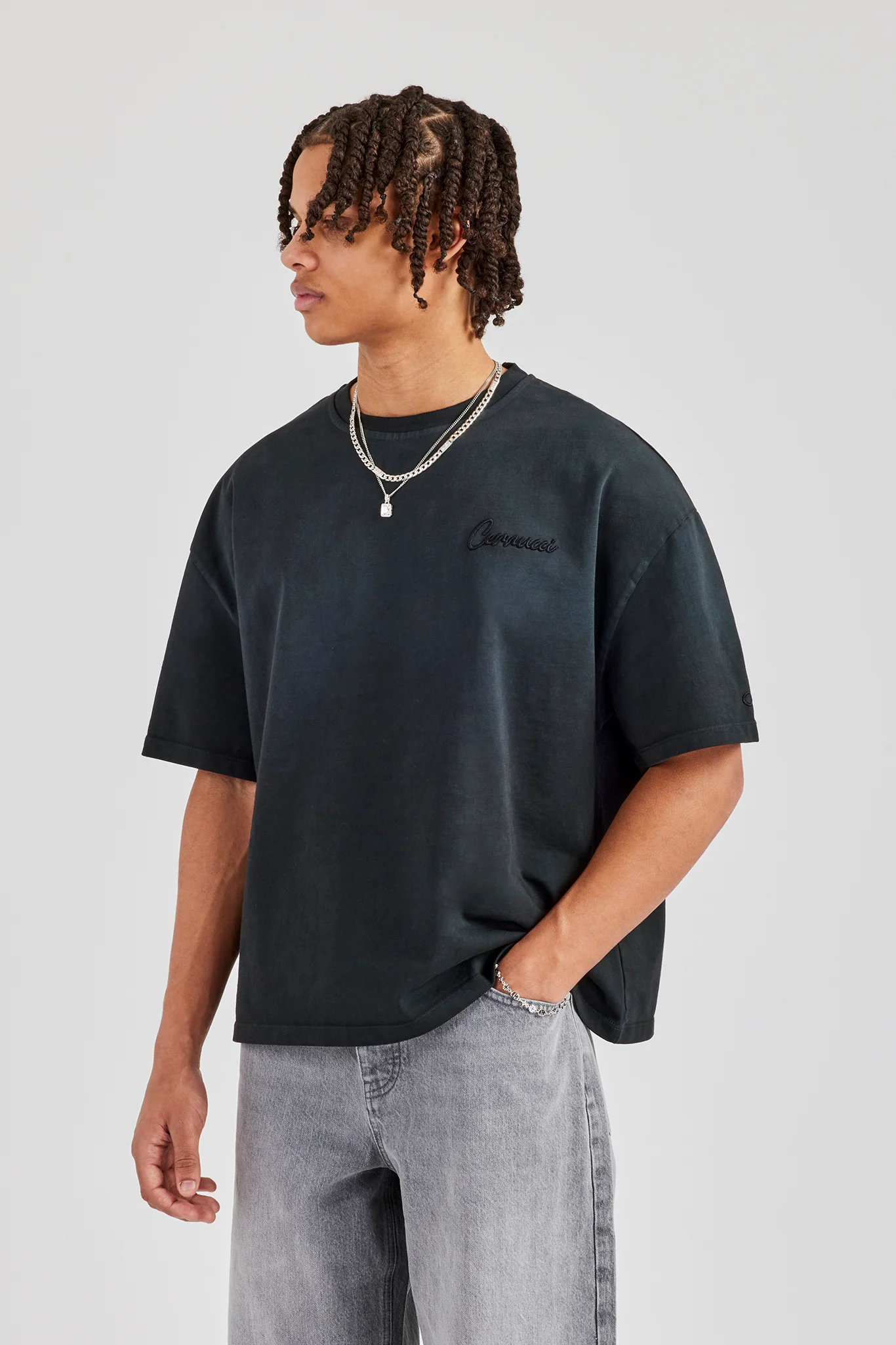 Washed Script Short Sleeve Boxy T-Shirt - Black - Image 4
