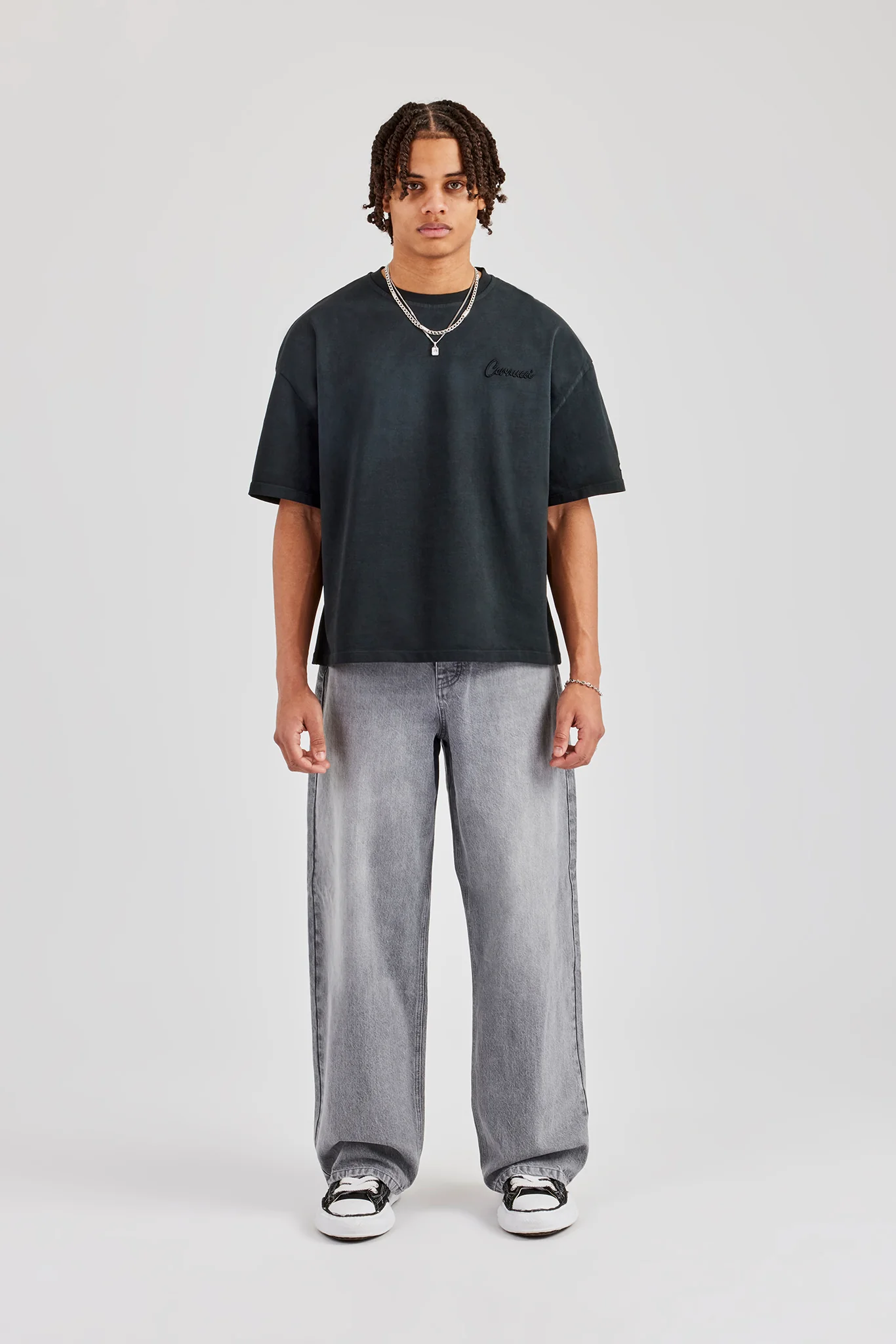 Washed Script Short Sleeve Boxy T-Shirt - Black - Image 5