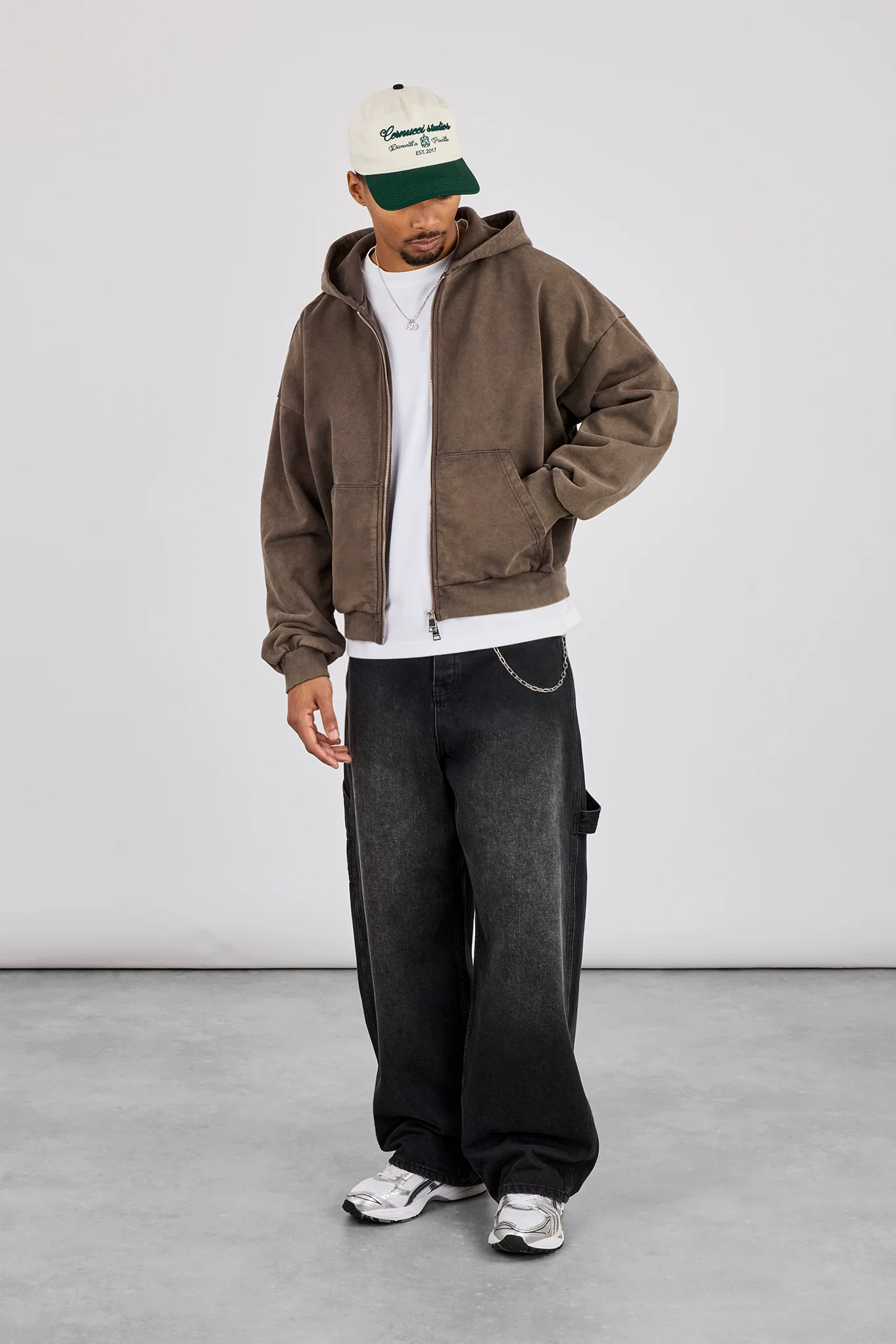 Washed Zip Through Hoodie - Brown - Image 4