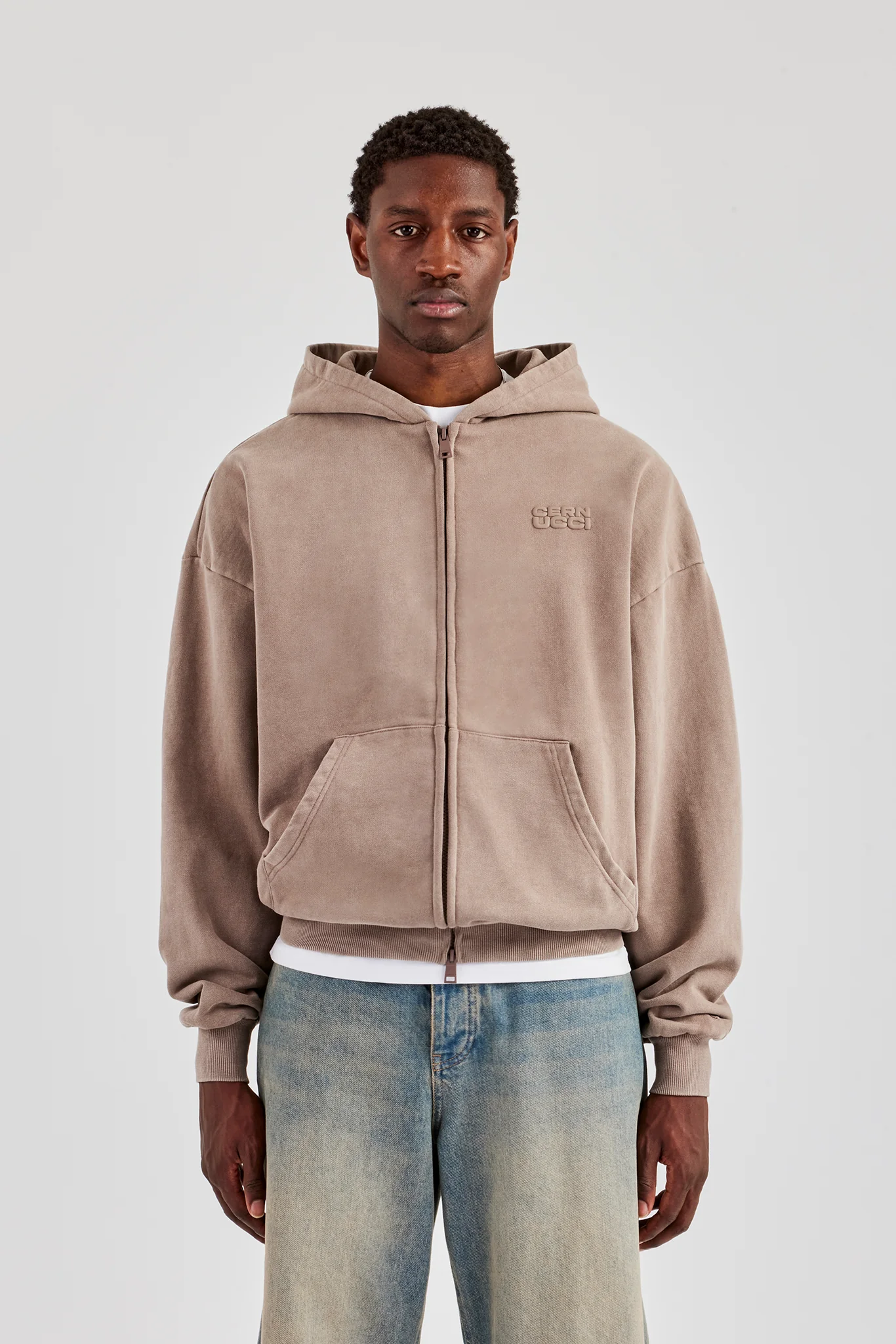 Washed Zip Through Hoodie - Taupe - Image 3