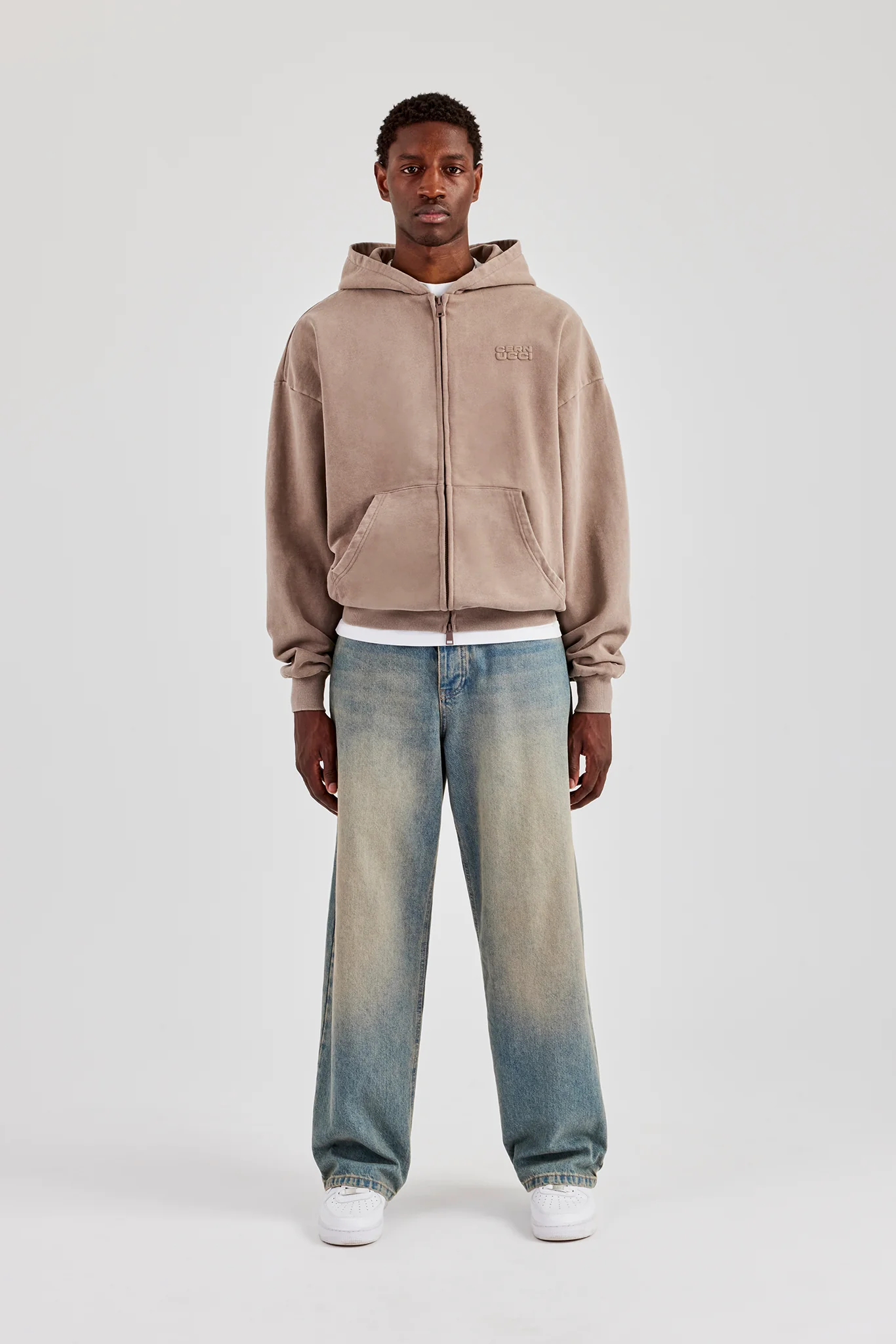 Washed Zip Through Hoodie - Taupe - Image 5