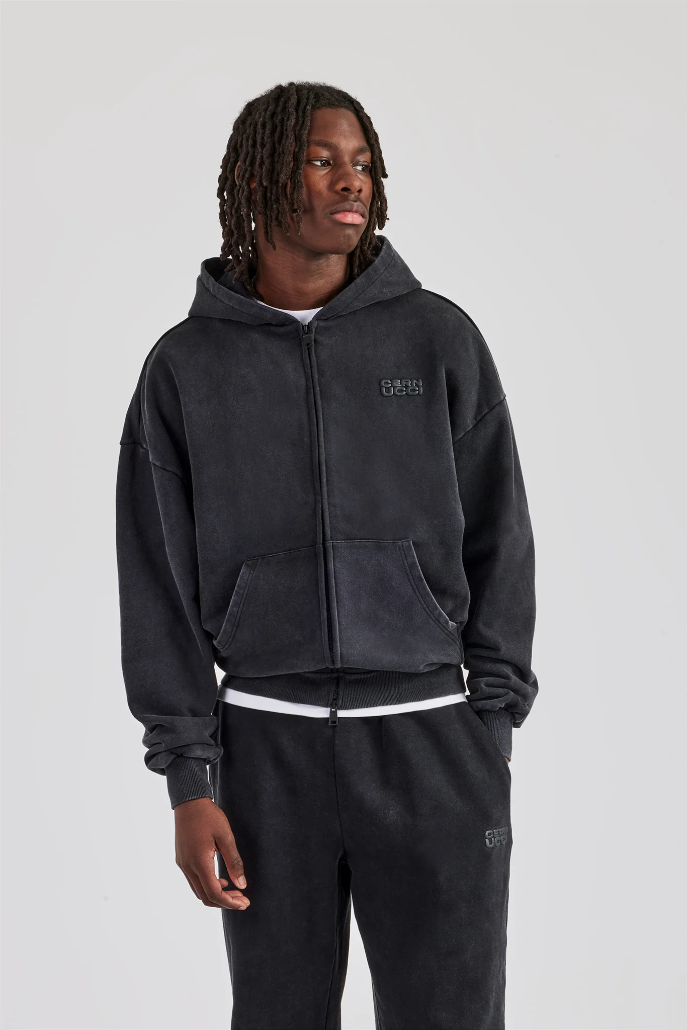 Washed Zip Through Hoodie - Black - Image 6