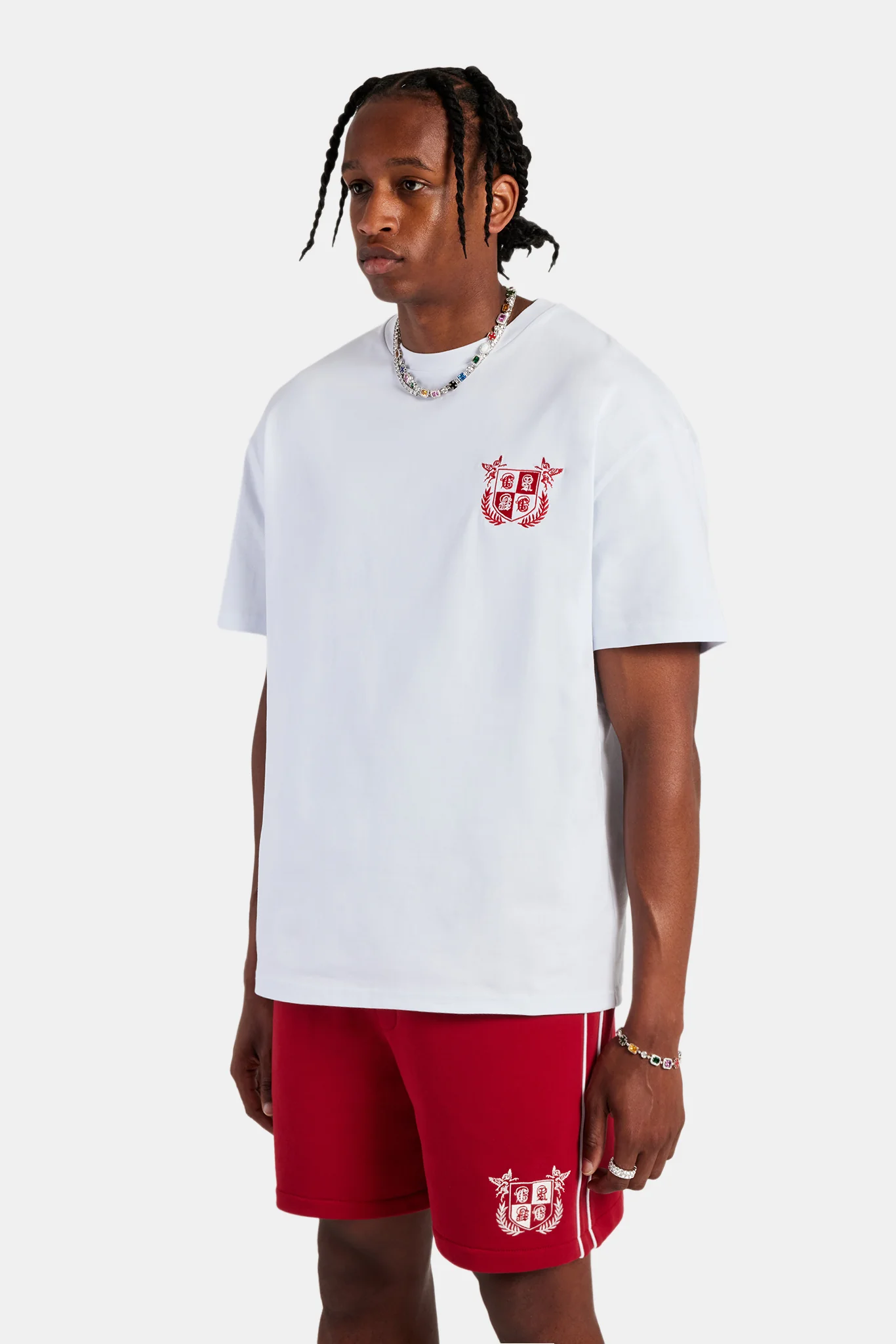 White Embroidered Crest Oversized T-Shirt & Red Jersey Short - Image 4