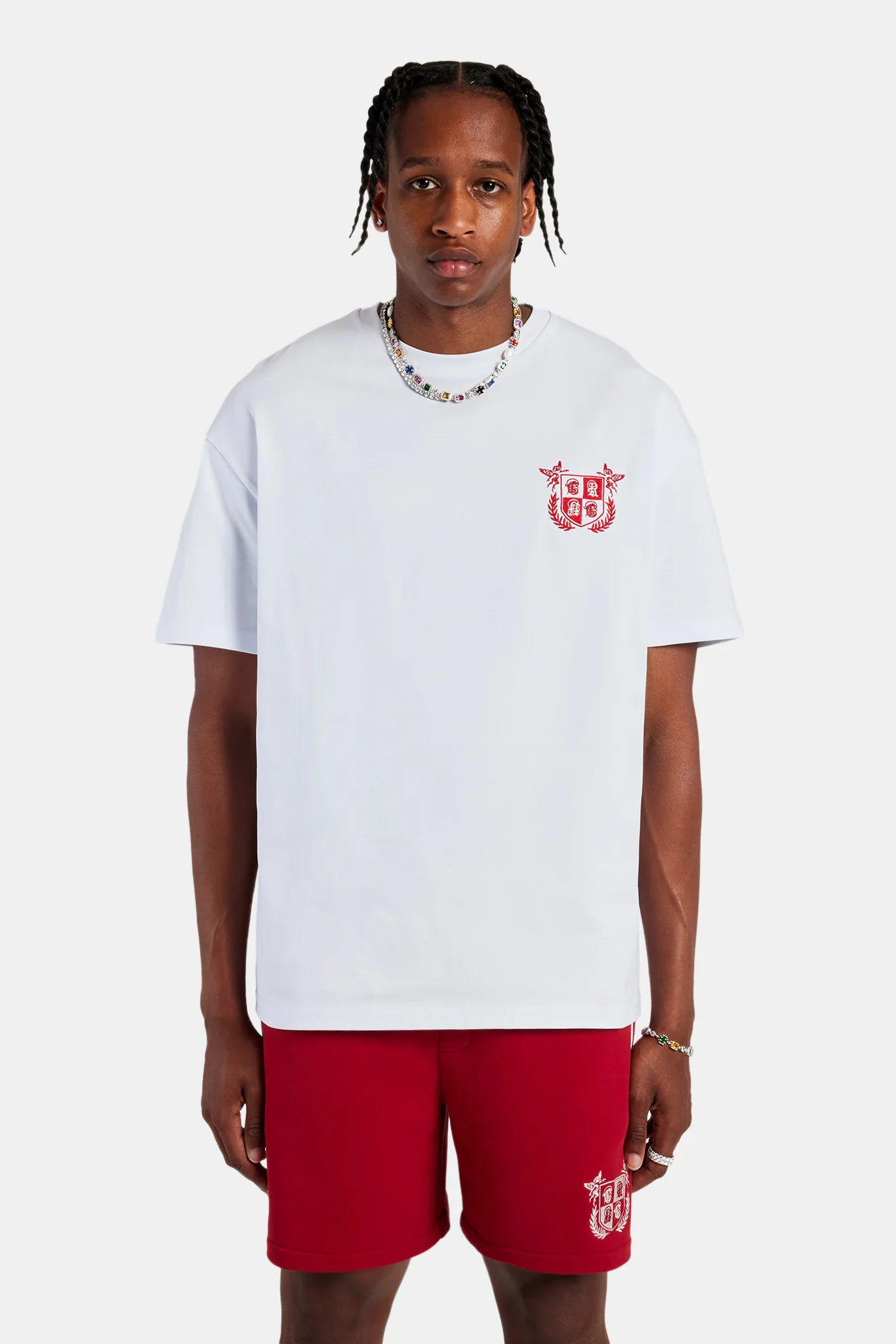 White Embroidered Crest Oversized T-Shirt & Red Jersey Short - Image 6