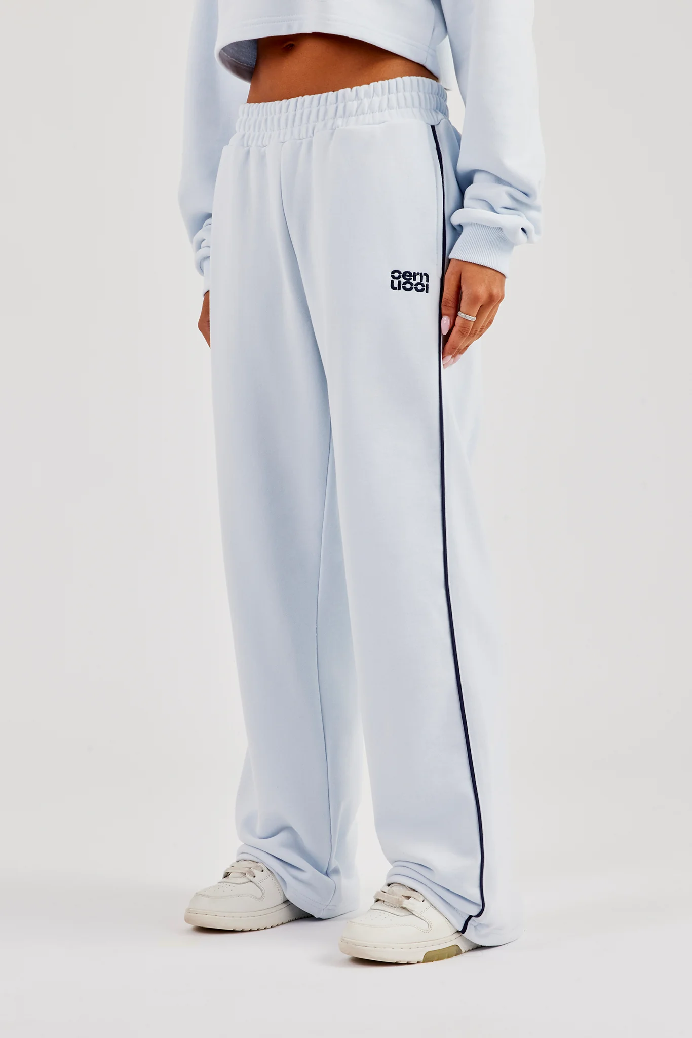Wide Leg Jogger With Piping - Light Blue