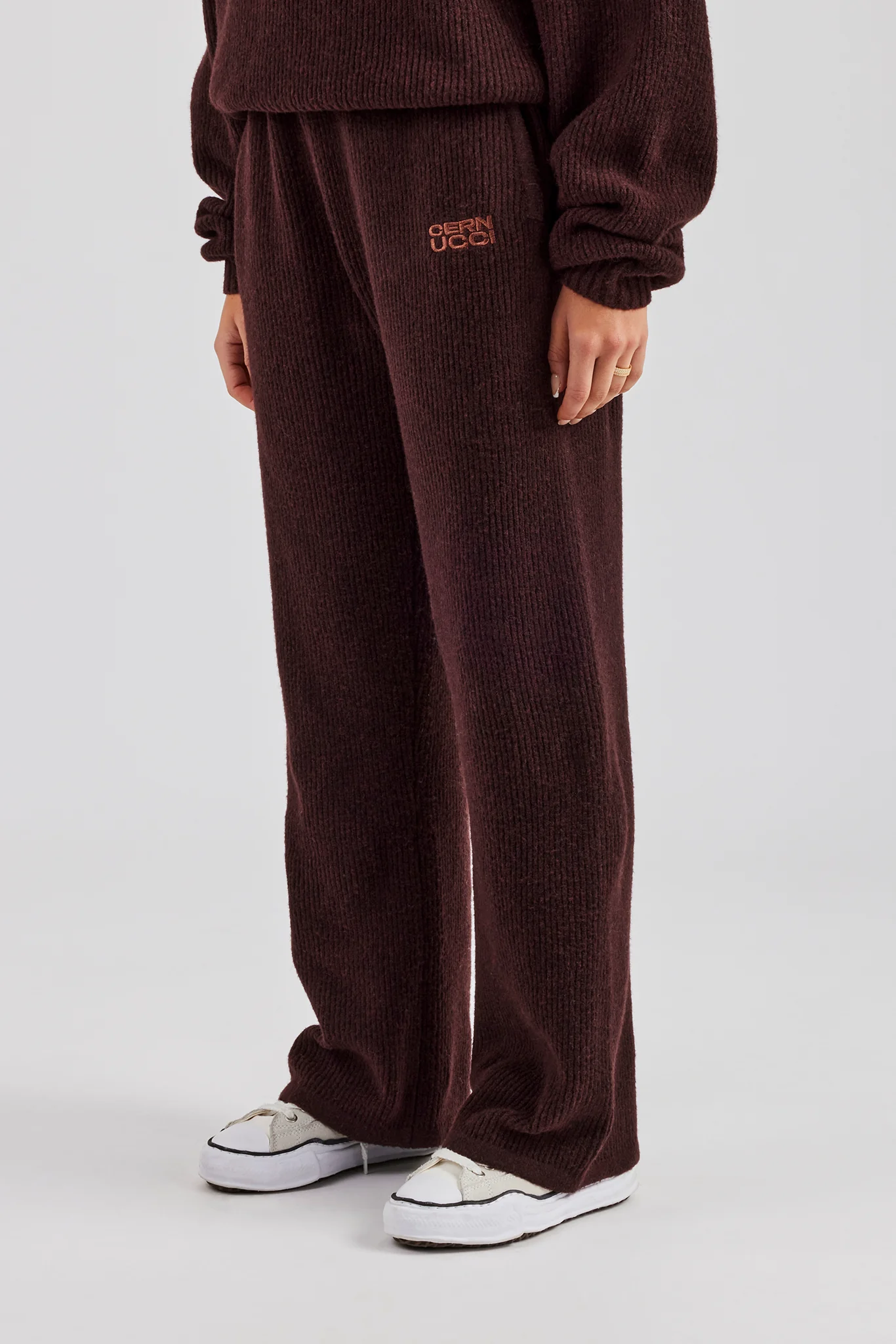 Wide Leg Knit Embroidered Jogger - Chocolate - Image 2