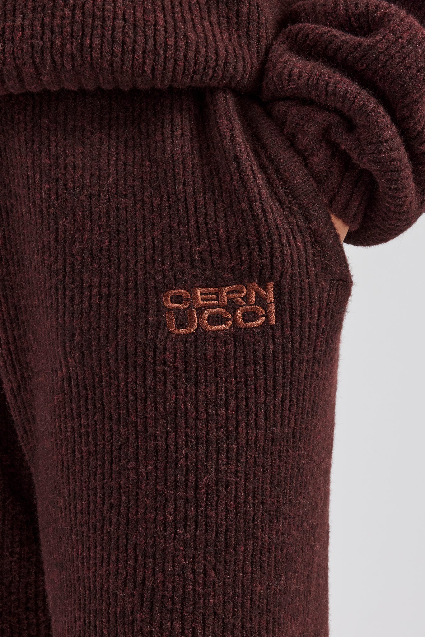Wide Leg Knit Embroidered Jogger - Chocolate - Image 3
