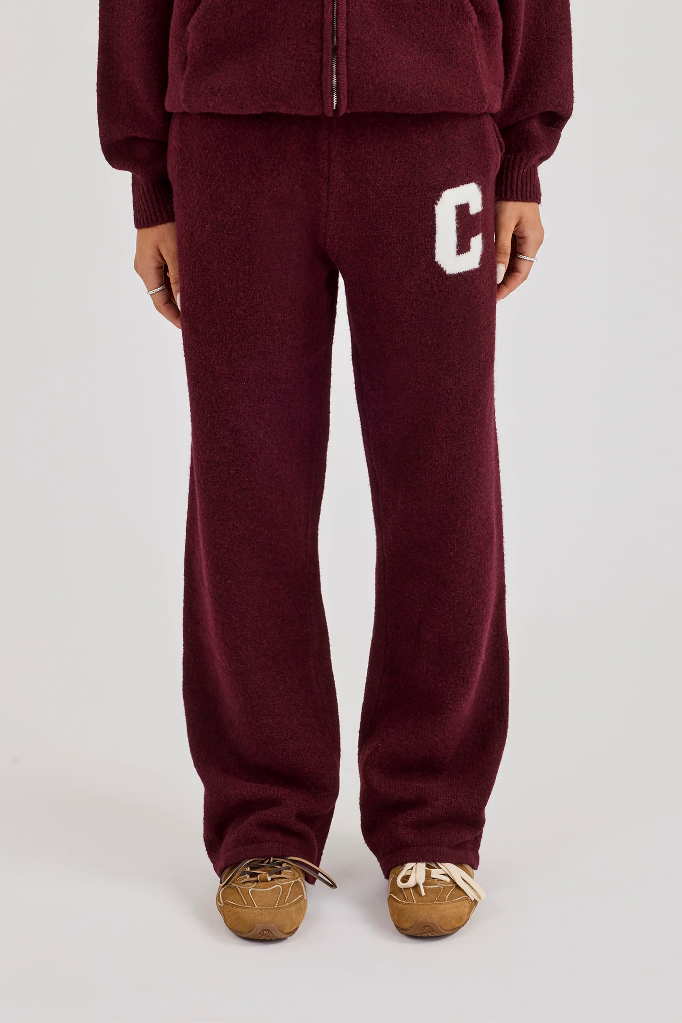 Wide Leg Knitted Jogger - Burgundy - Image 2