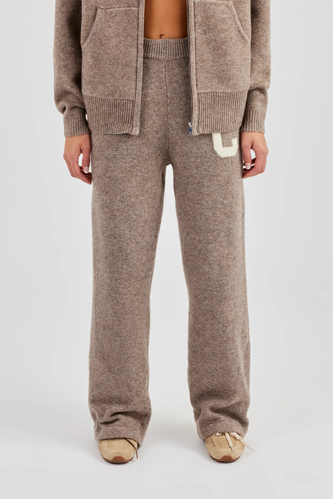 Wide Leg Knitted Jogger - Taupe - Image 4