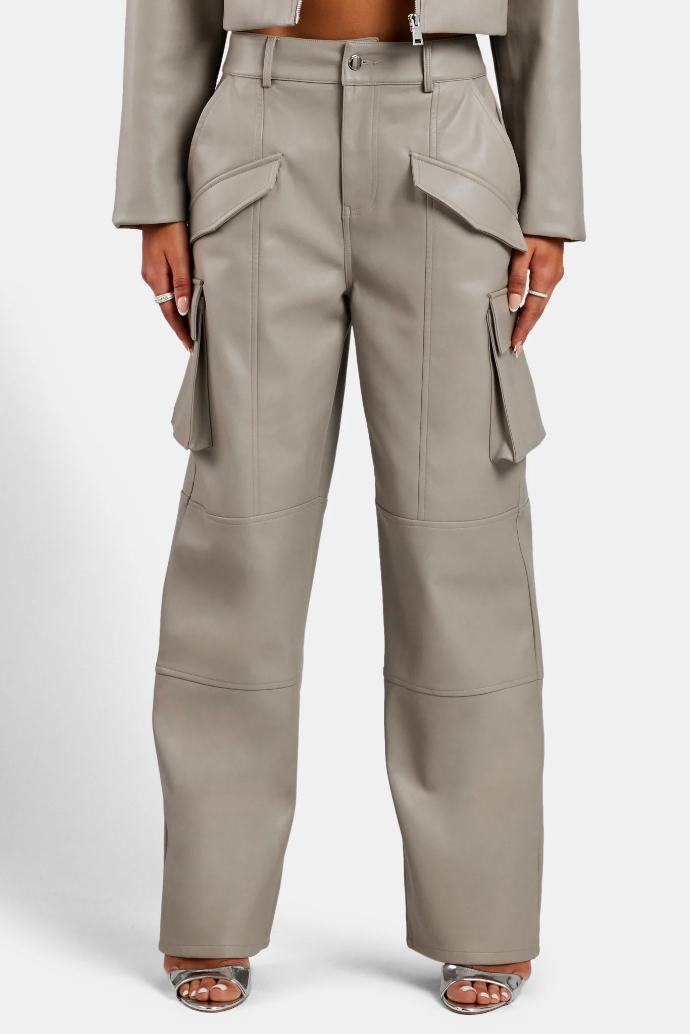 Wide Leg Faux Leather Cargo Trouser - Beige - Image 2