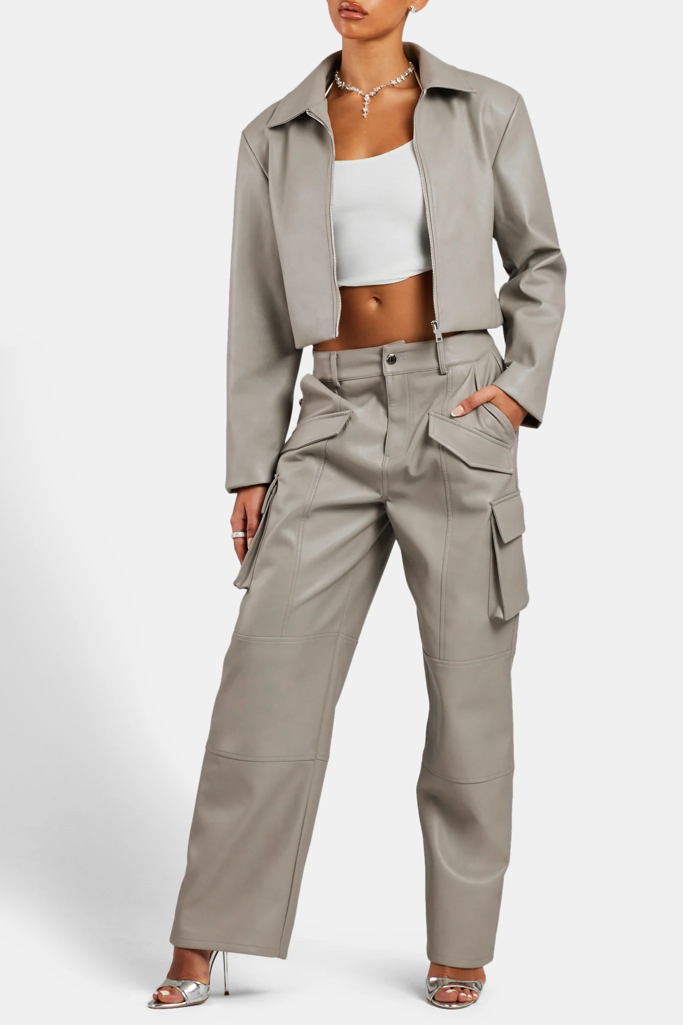 Wide Leg Faux Leather Cargo Trouser - Beige - Image 4