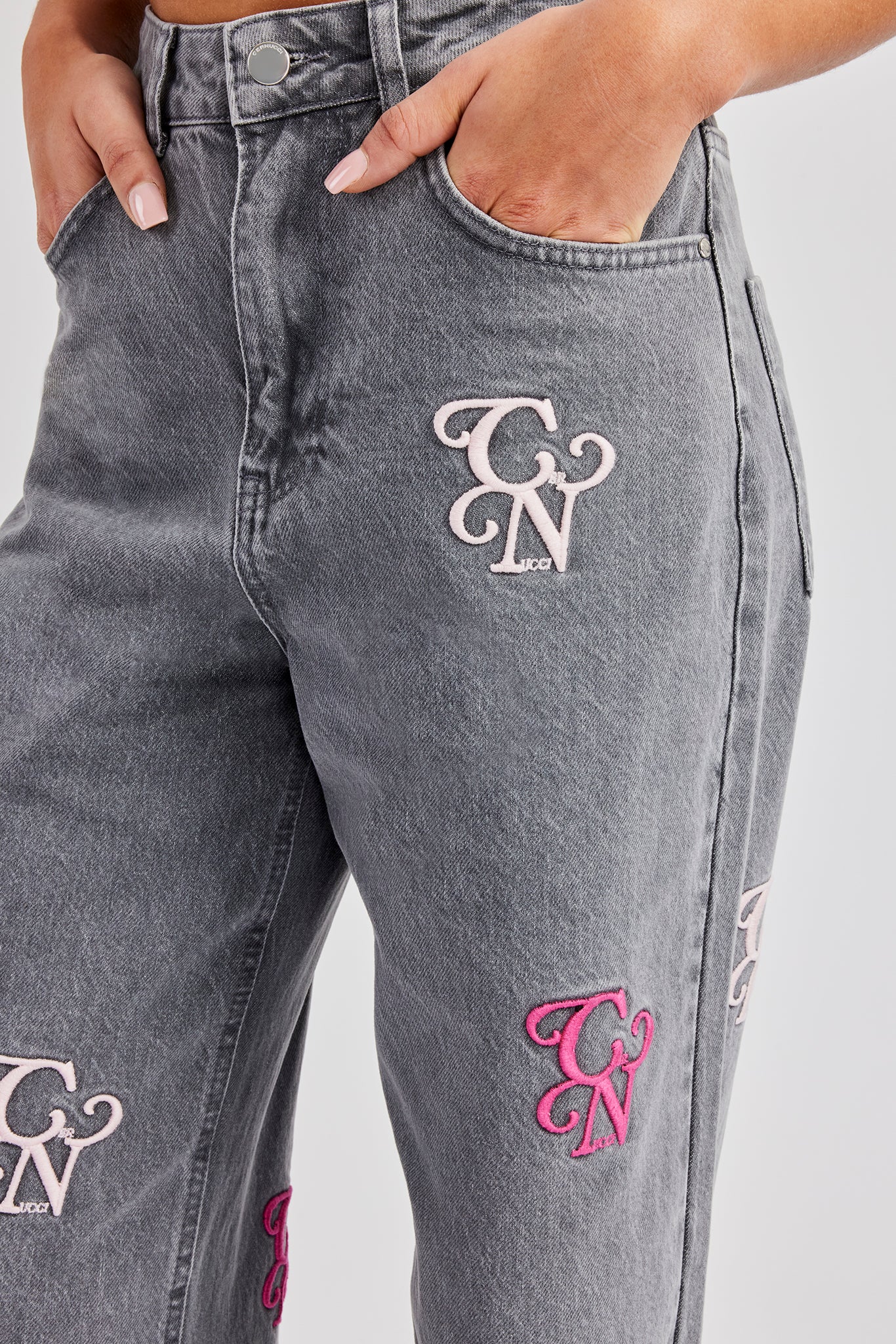 Womens Baggy Fit Branded Embroidered Denim Jean - Washed Grey - Image 2