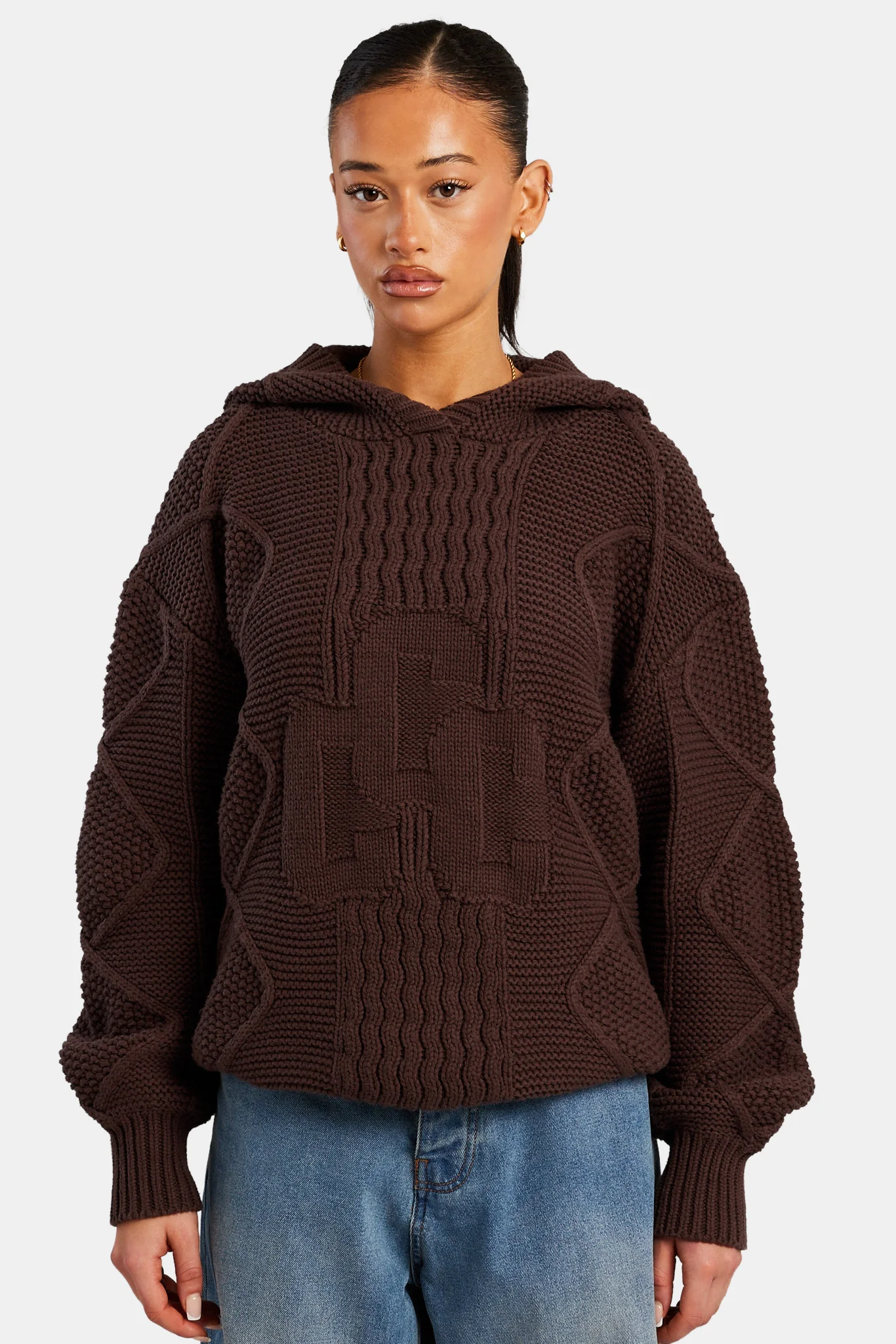 Womens CCC Cable Knit Varsity Hoodie - Chocolate - Image 3