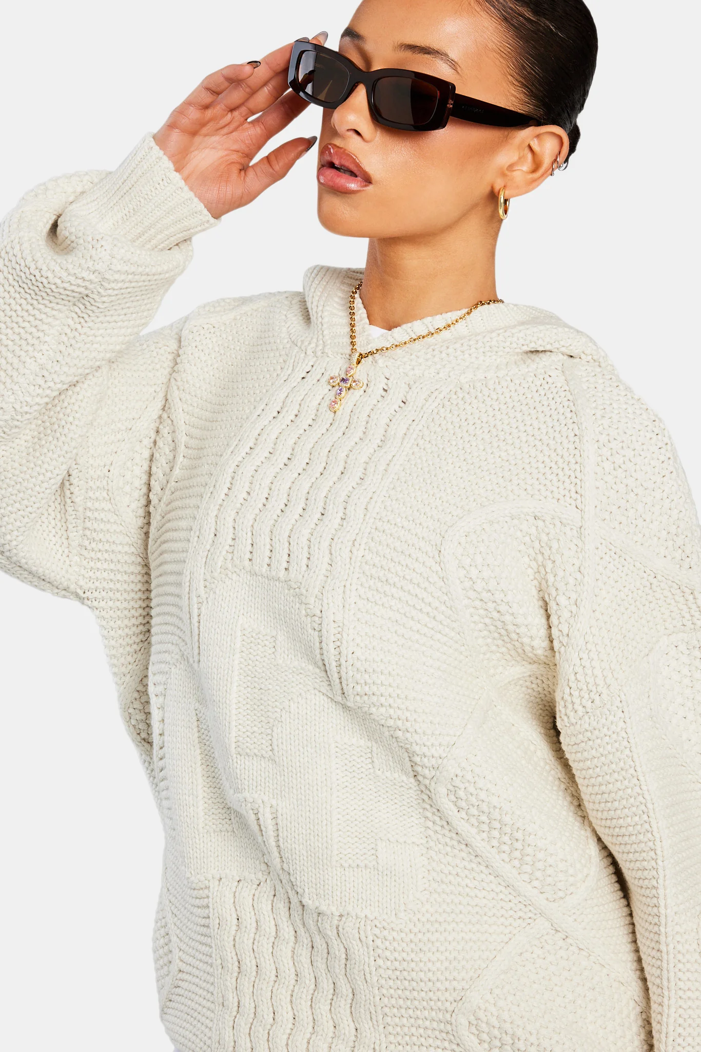 Womens CCC Cable Knit Varsity Hoodie - Ecru - Image 3
